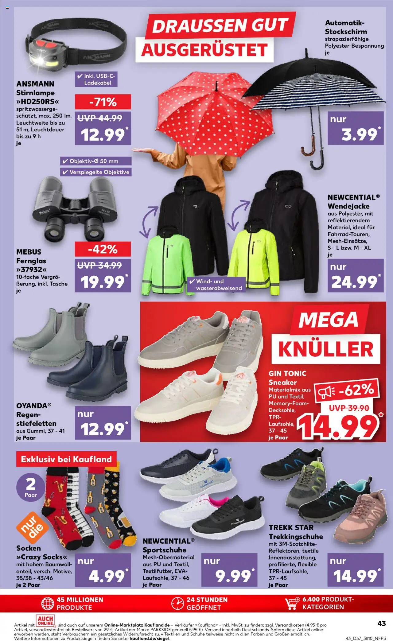 Kaufland prospekt Rostock	 – gültig ab 11.09.2025 | Seite: 43 | Produkte: Tasche, Stirnlampe, Ladekabel, Gin
