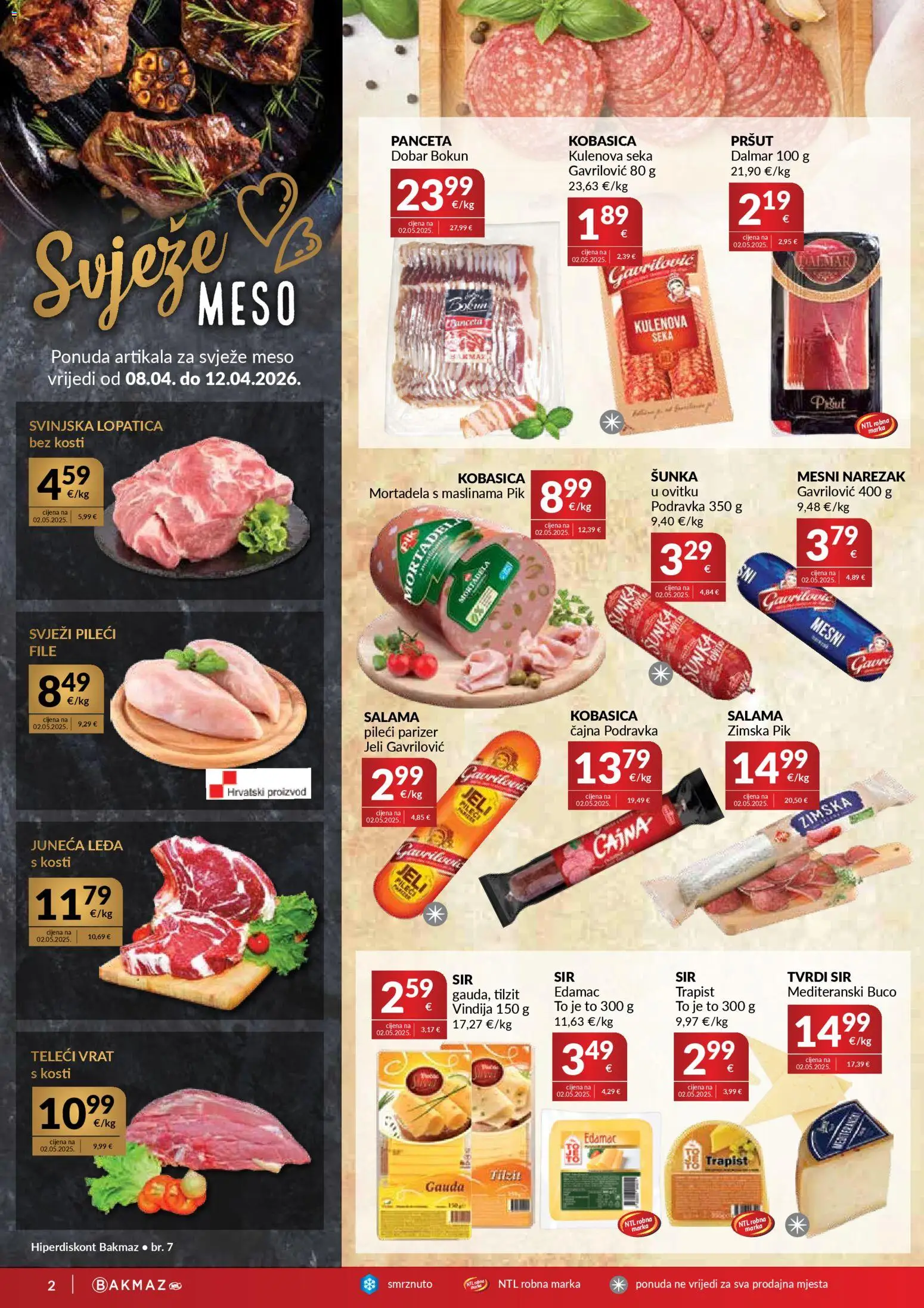 Bakmaz katalog | vrijedi od 08.04.2026 | Stranica: 2 | Proizvodi: Sir, Mortadela, Lopatica, Panceta