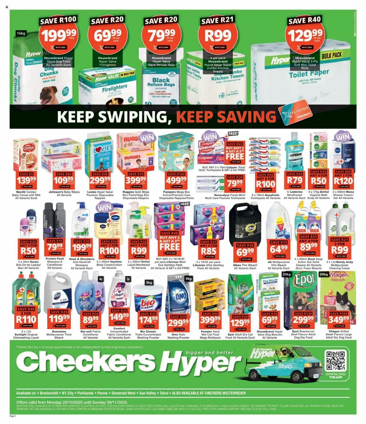 New Checkers catalogue – valid from 20.10.2025 | Page: 4 | Products: Box, Shower, Refuse bags, Mouthwash