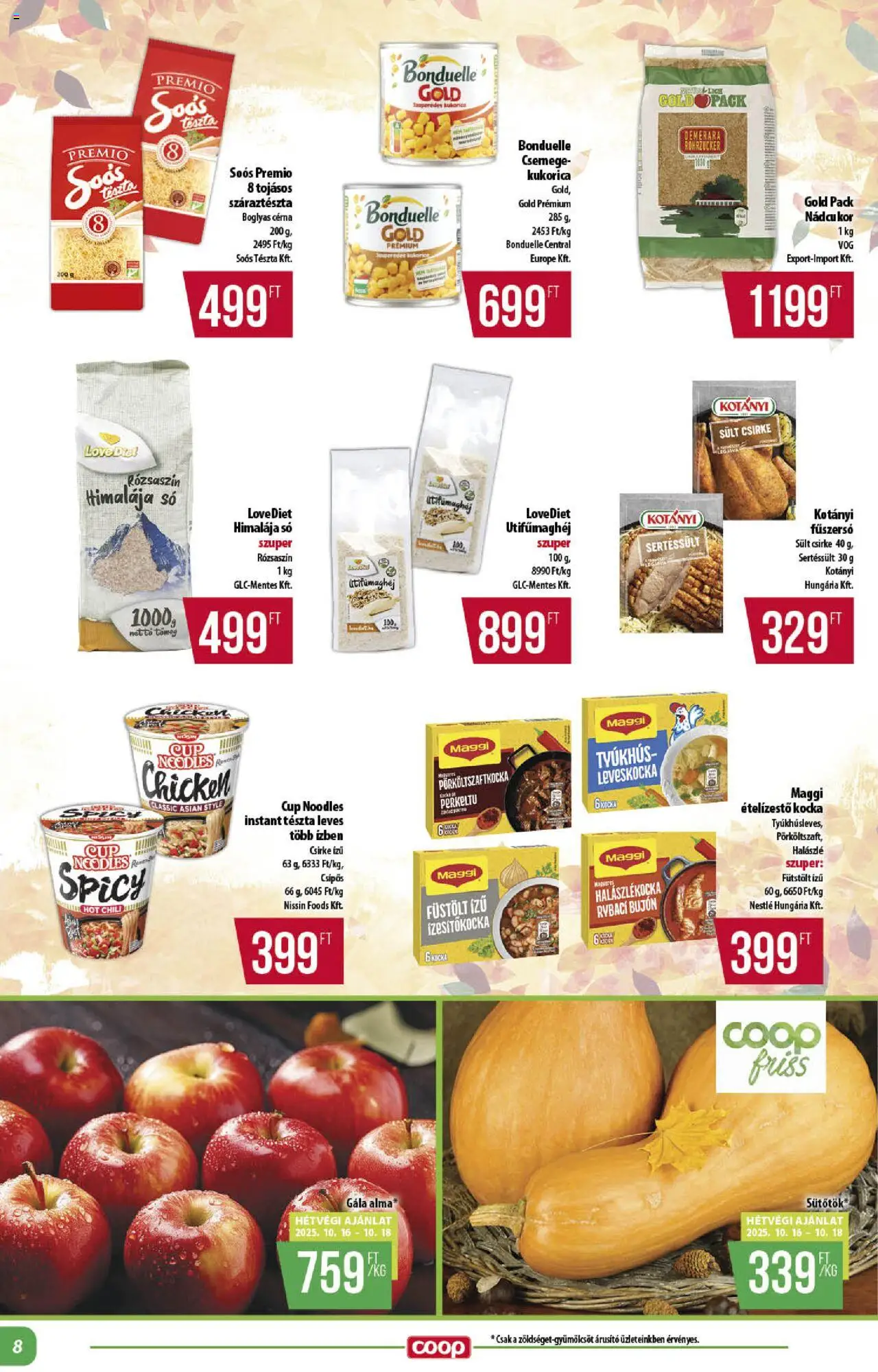 COOP akciós ujság - amely érvényes a következő dátumtól: 16.10.2025 | Oldal: 8 | Termékek: Leveskocka, Maggi, Alma, Halászlé