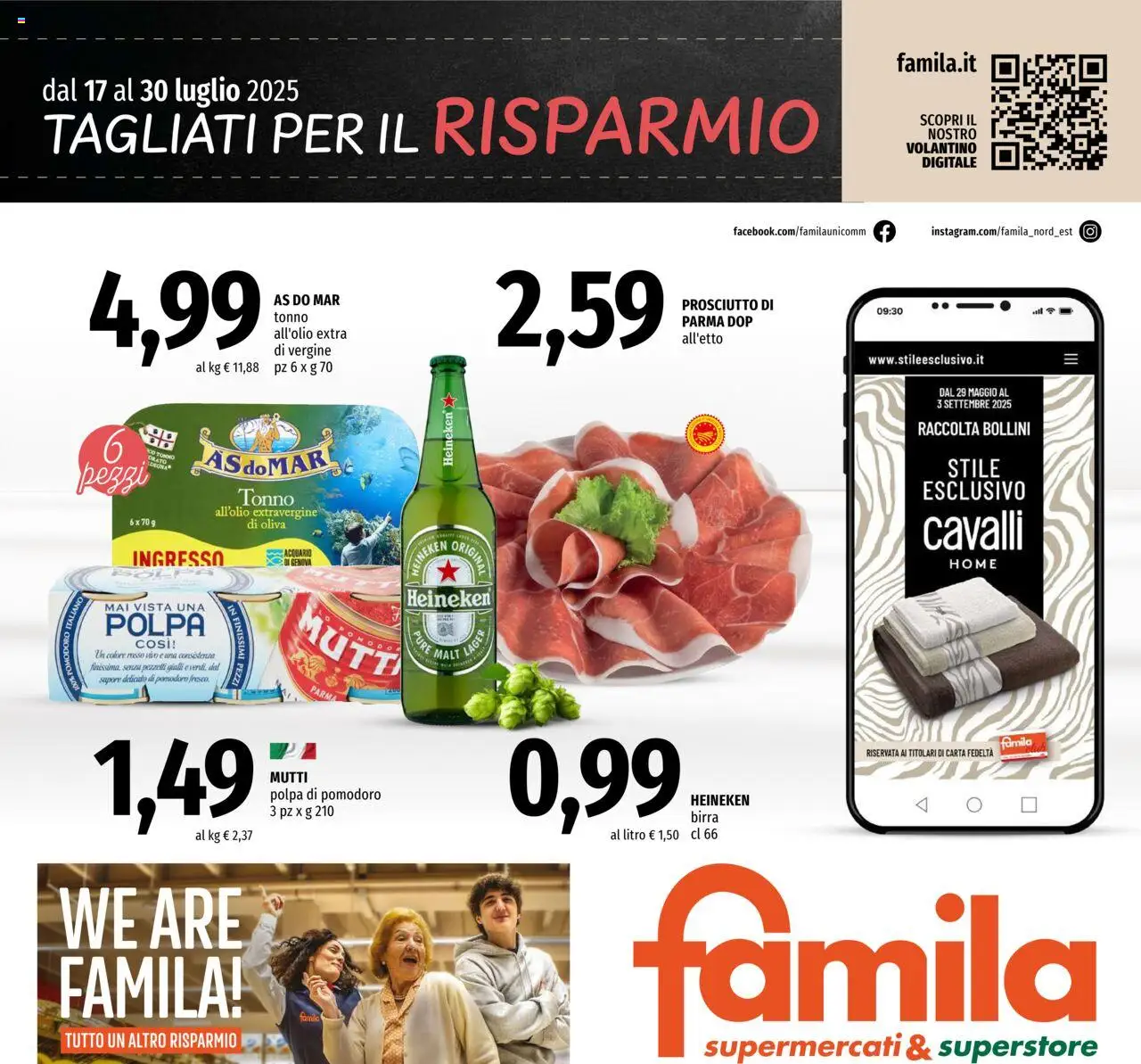 Volantino Famila del 17.07.2025 | Pagina: 1 | Prodotti: Birra, Pomodoro, Prosciutto, Tonno