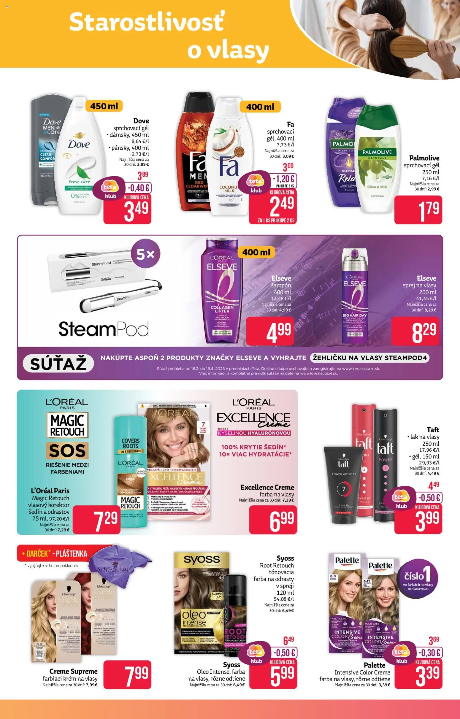 Nové Teta drogerie akcie – leták je platný od 16.03.2026 | Strana: 7 | Produkty: Šampón, Lak na vlasy, Farba na vlasy, Krém