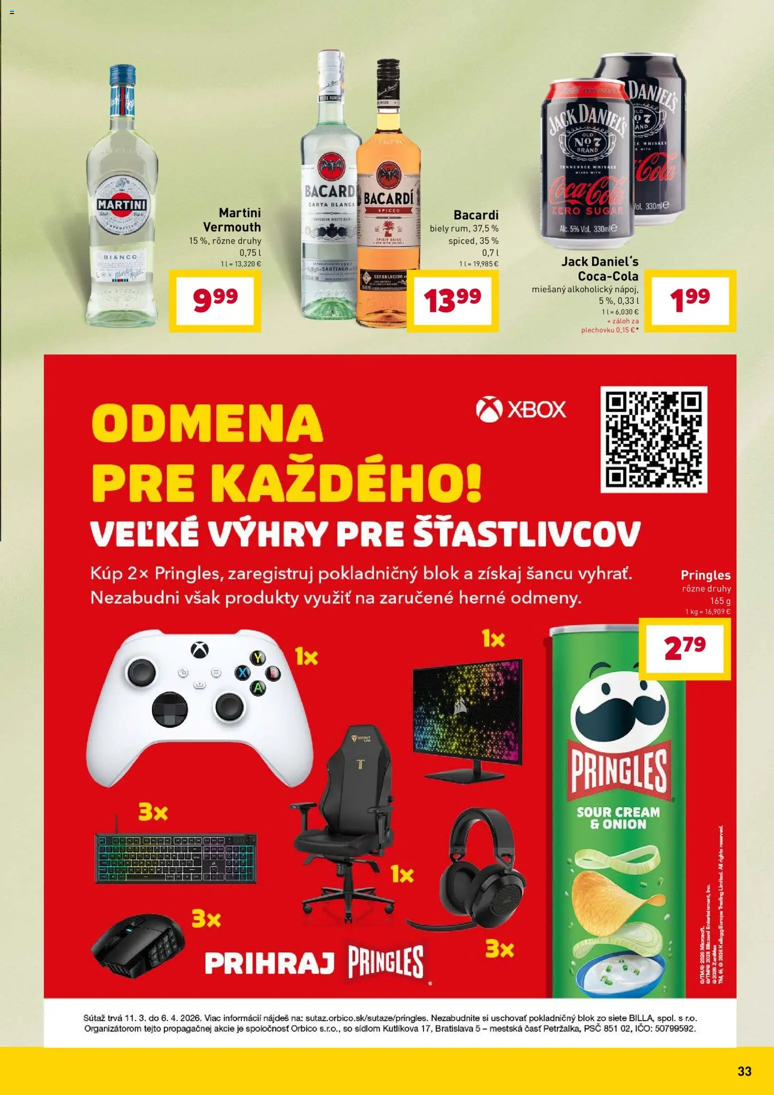 Nové Billa akcie – leták je platný od 11.03.2026 | Strana: 33 | Produkty: Pringles, Rum, Xbox, Jack Daniel's