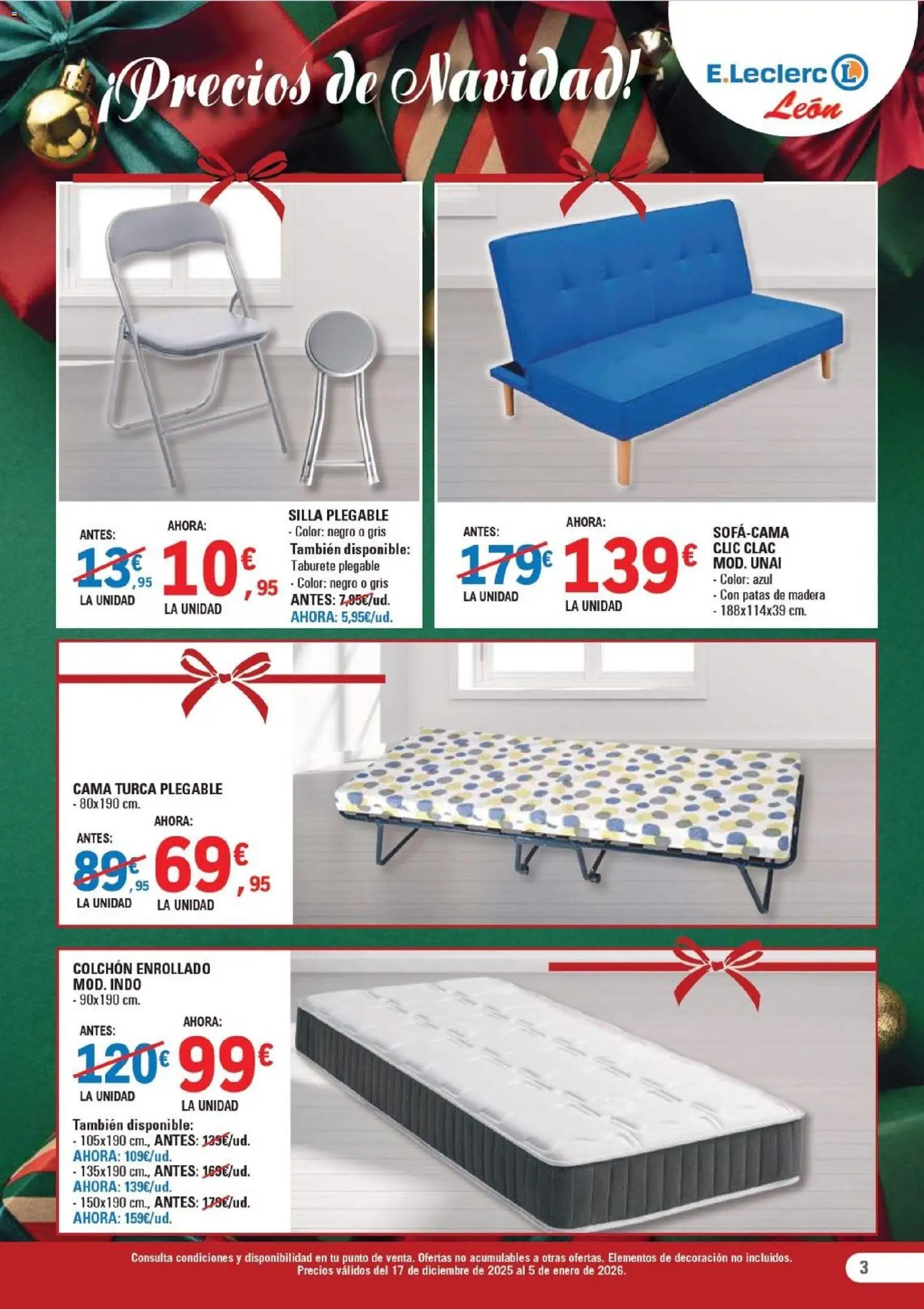 E.Leclerc folleto │ válido desde el 17.12.2025 | Página: 3 | Productos: Taburete, Colchon, Cama, Silla