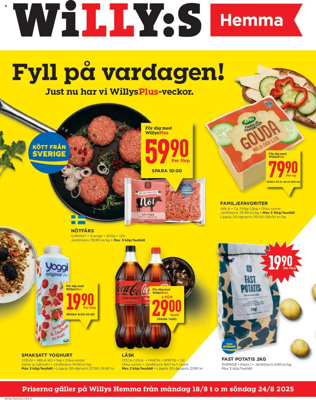 Willys reklamblad aktuell från 18.08.2025 | Sida: 1 | Produkter: Sprite, Yoghurt, Potatis, Yoggi
