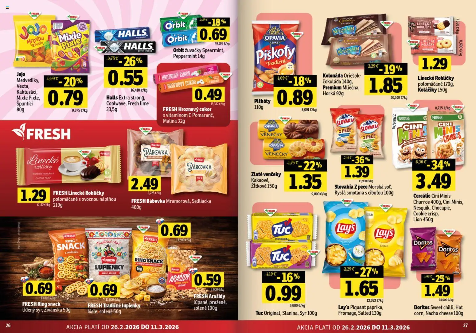 Nové Fresh akcie – leták je platný od 26.02.2026 | Strana: 14 | Produkty: Syr, Čokoláda, Cukor, Cini Minis