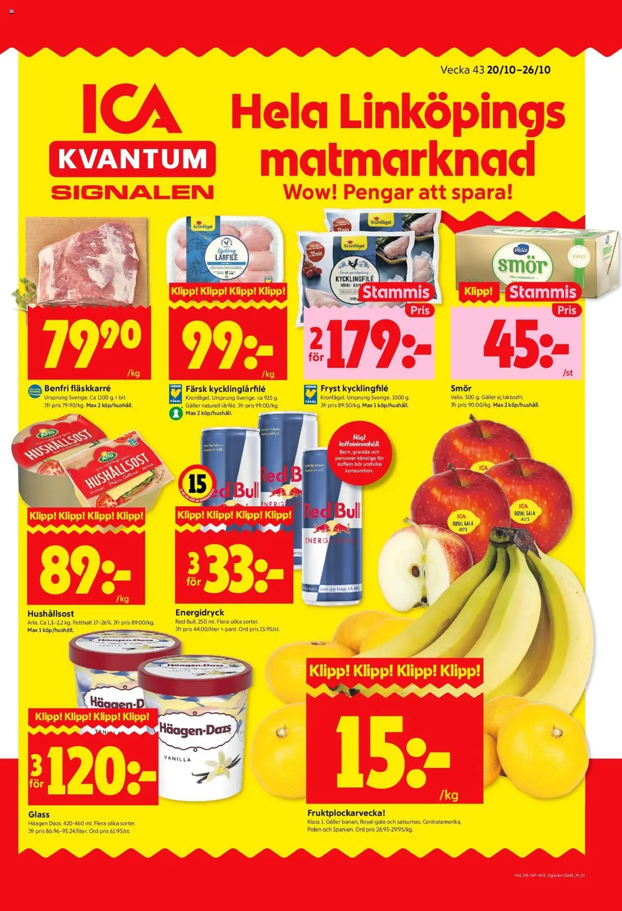 ICA Kvantum reklamblad aktuell från 20.10.2025 | Sida: 1 | Produkter: Kycklingfile, Hushållsost, Smör, Glass