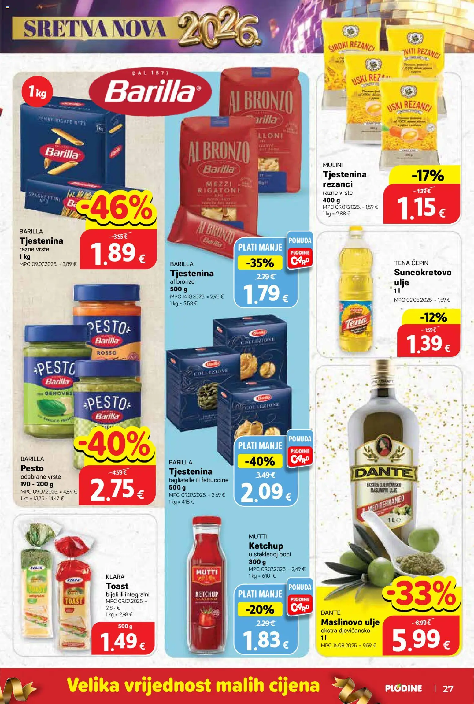 Plodine katalog | vrijedi od 27.12.2025 | Stranica: 27 | Proizvodi: Ulje, Toast, Tjestenina, Barilla
