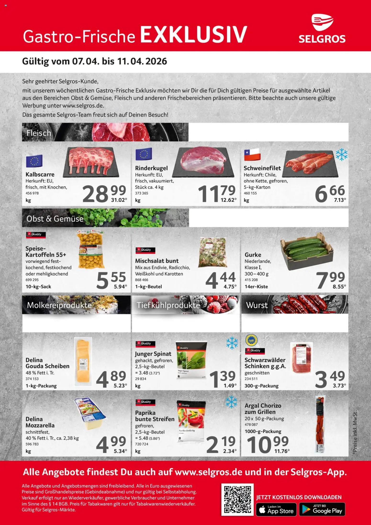 Selgros Gastro Angebote – gültig ab 07.04.2026 | Seite: 1 | Produkte: Schweinefilet, Gemüse, Obst, Wurst