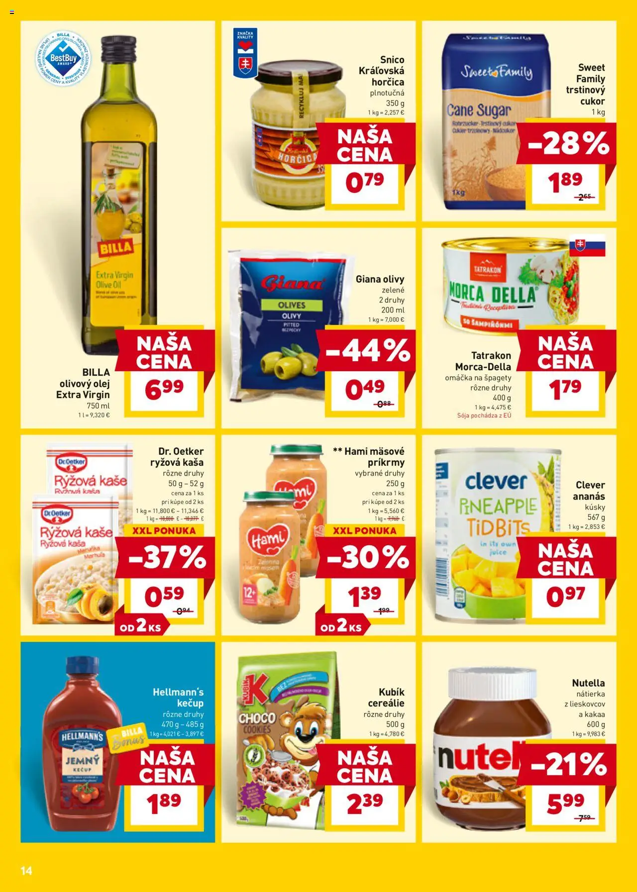 Nové Billa akcie – leták je platný od 24.09.2025 | Strana: 14 | Produkty: Olivový olej, Morca Della, Nutella, Špagety