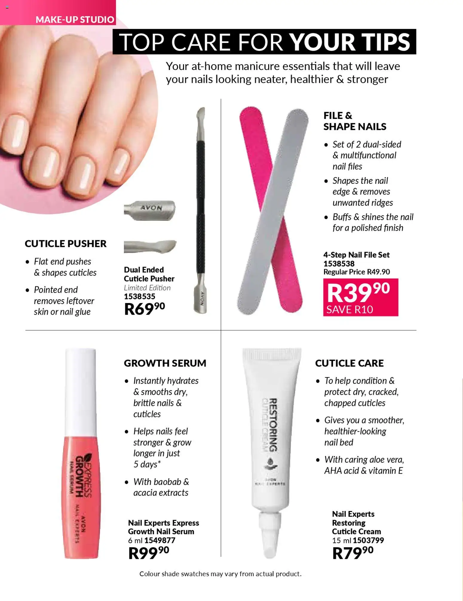 New Avon catalogue – valid from 01.01.2026 | Page: 72 | Products: Serum, Cuticle pusher, Nail file, Bed