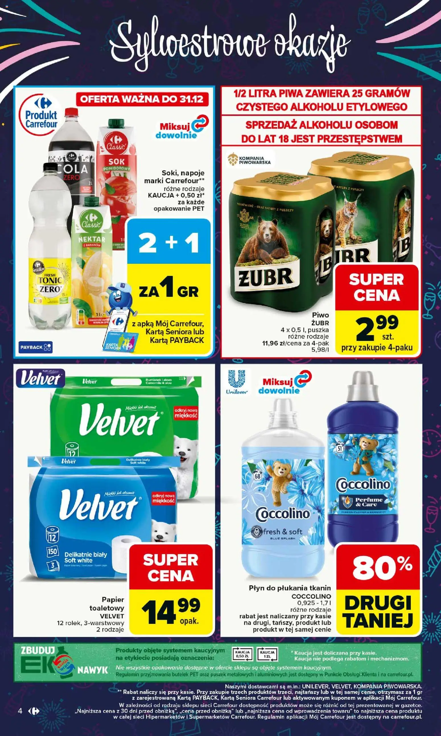 Carrefour Gazetka od 29.12.2025 | Strona: 4 | Produkty: Karta, Napoje, Coccolino, Piwo