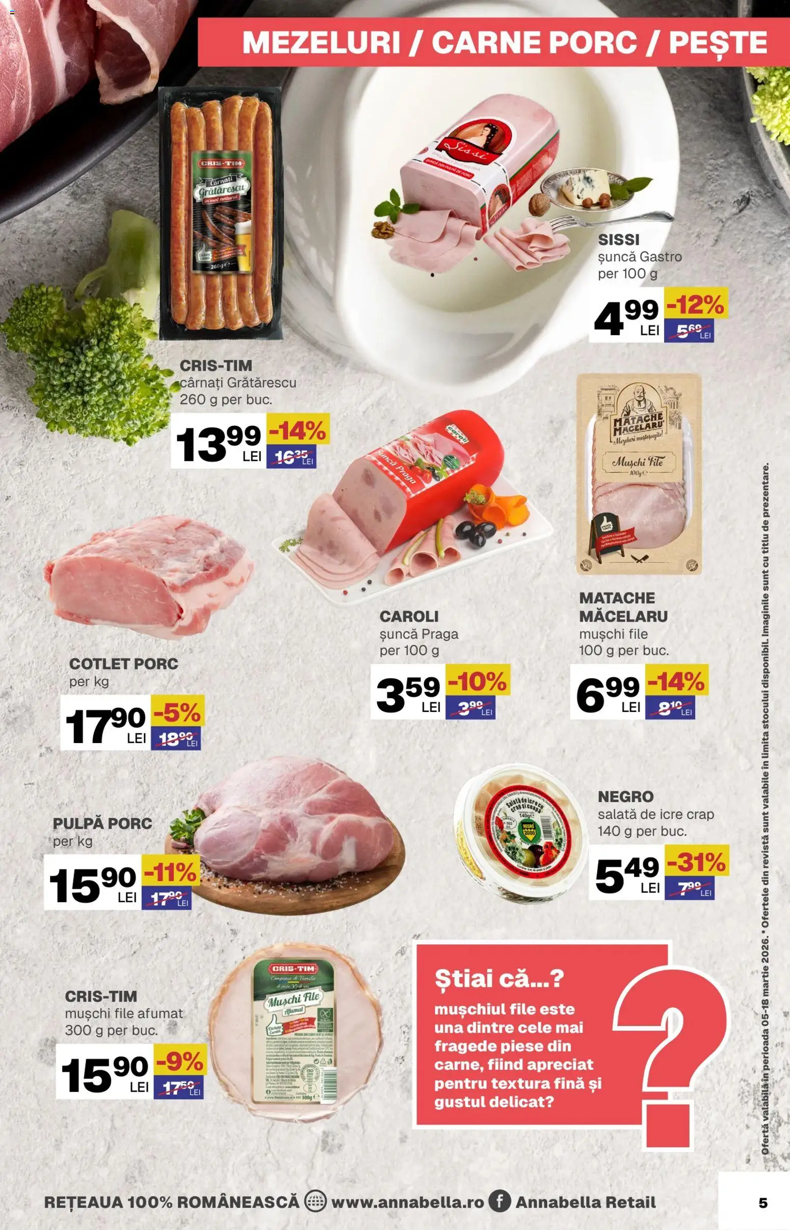 Noul catalog Annabella – valabil de la 05.03.2026 | Pagină: 5 | Produse: Cotlet porc, Pește, Salată, Cârnați