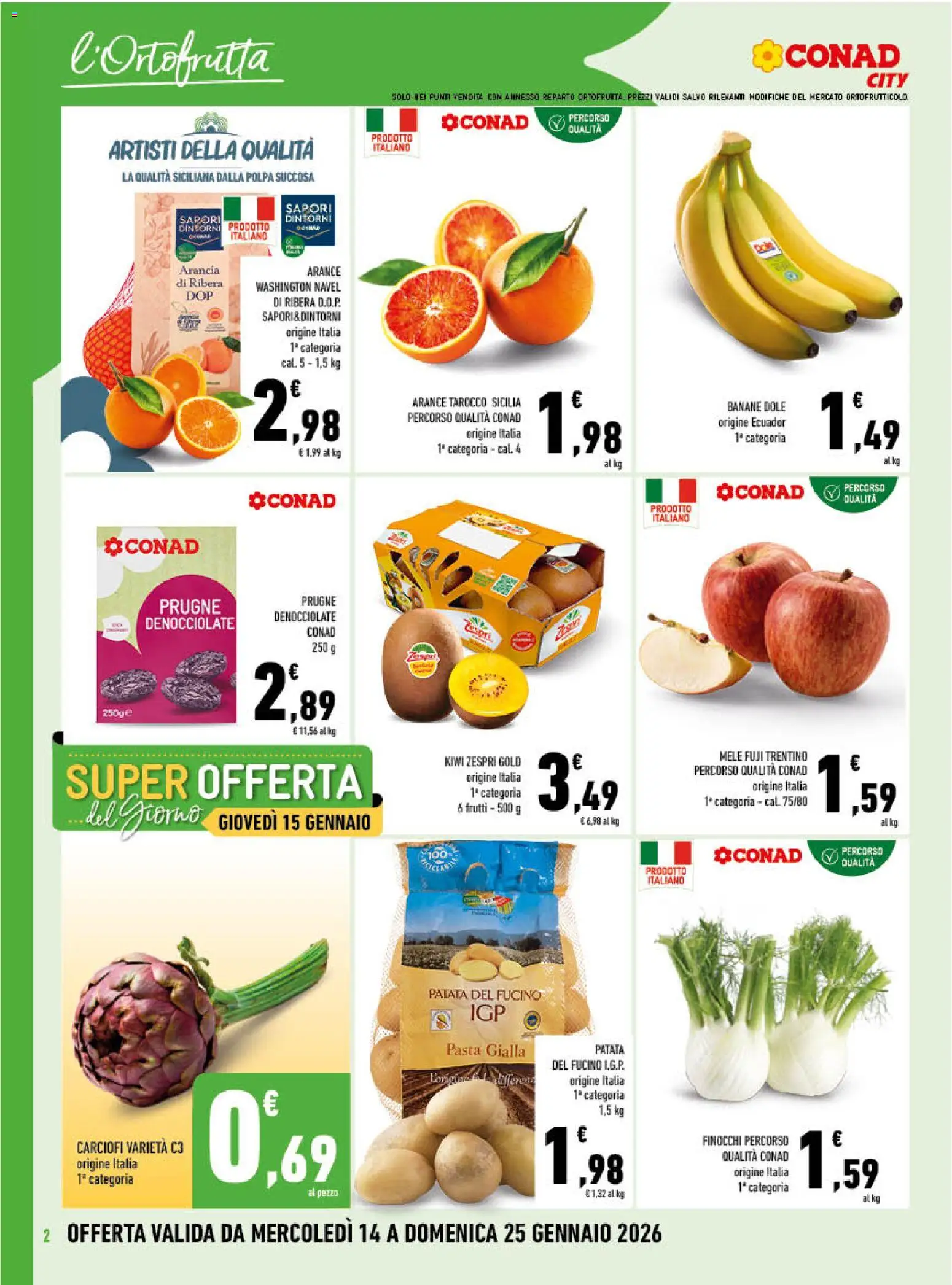 Volantino Conad del 14.01.2026 | Pagina: 2 | Prodotti: Kiwi, Pasta, Carciofi, Arancia