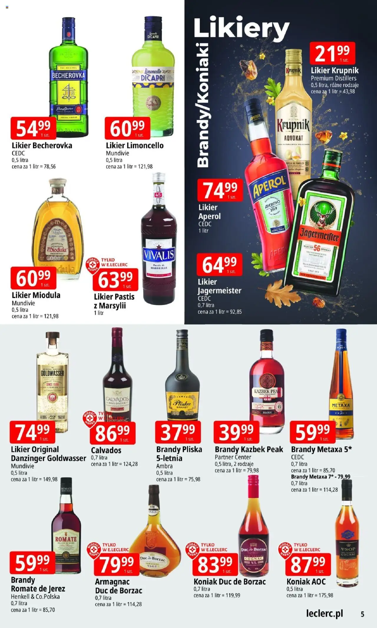 E.Leclerc Gazetka - Elbląg Alkohole od 10.06.2025 | Strona: 5 | Produkty: Koniak, Becherovka, Pliska brandy, Limoncello