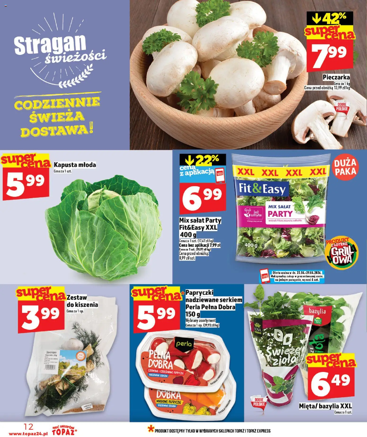 Topaz gazetka - Ceny małe na stałe od 23.04.2026 | Strona: 12 | Produkty: Kapusta, Grill, Bazylia, Mix sałat
