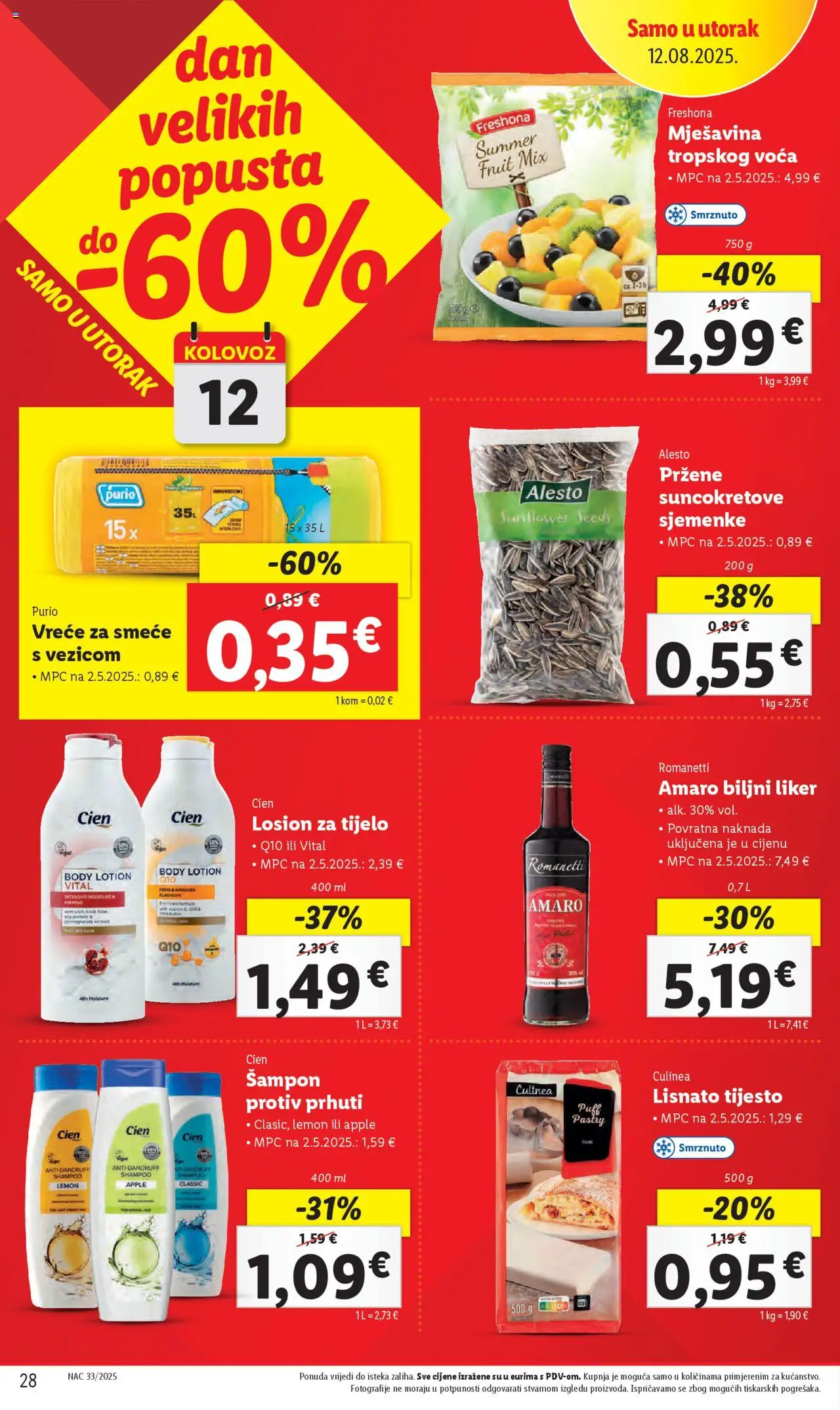 Lidl katalog | vrijedi od 11.08.2025 | Stranica: 28 | Proizvodi: Šampon, Lisnato tijesto, Vreće za smeće, Liker