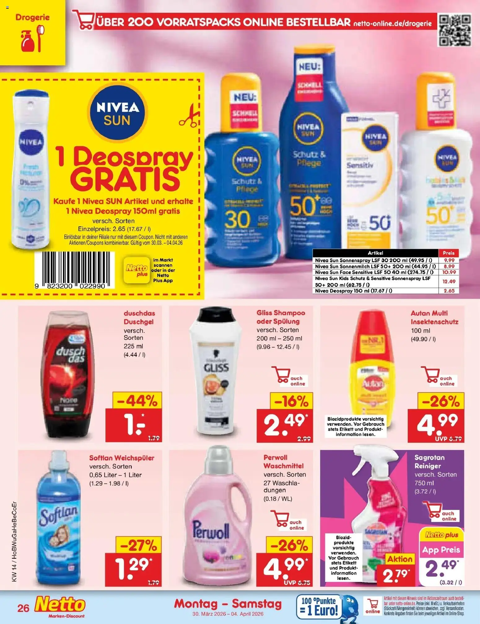 Netto Marken-Discount Prospekt Kröpelin	 – gültig ab 29.03.2026 | Seite: 30 | Produkte: Duschgel, Weichspüler, Duschdas, Deospray