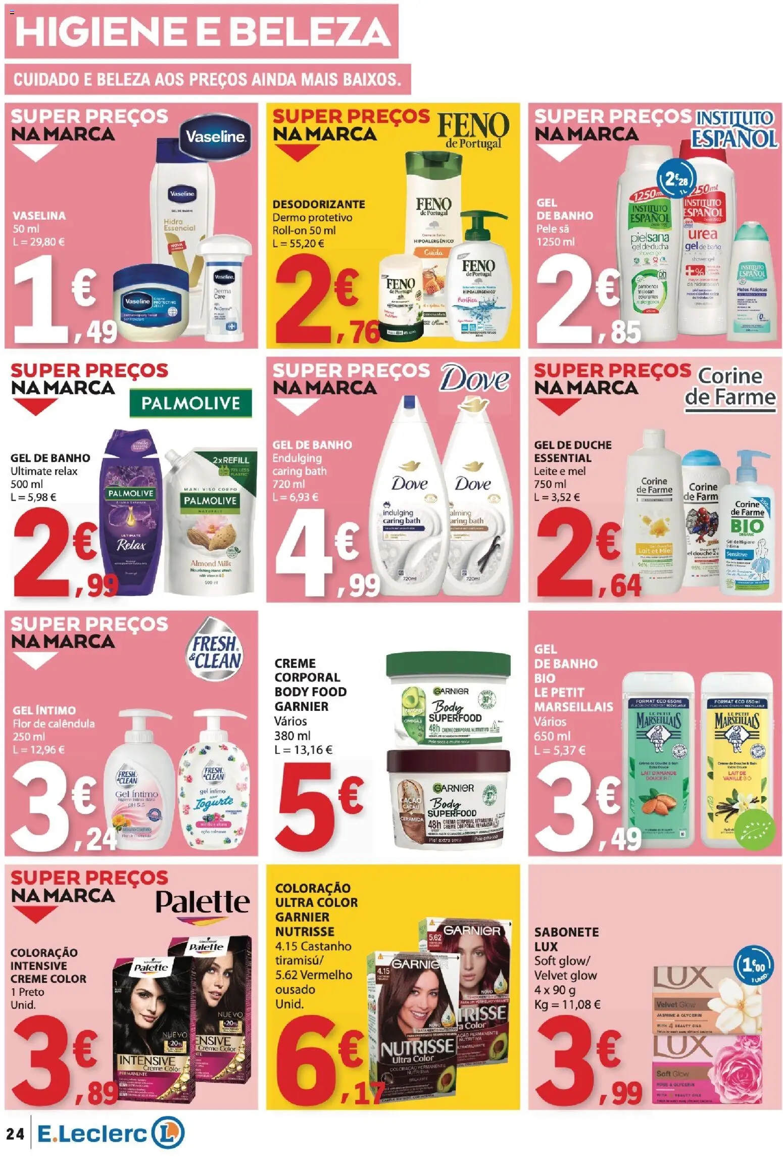 E.Leclerc folheto │ válido de 16.04.2026 | Página: 24 | Produtos: Creme corporal, Gel de banho, Desodorizante, Leite