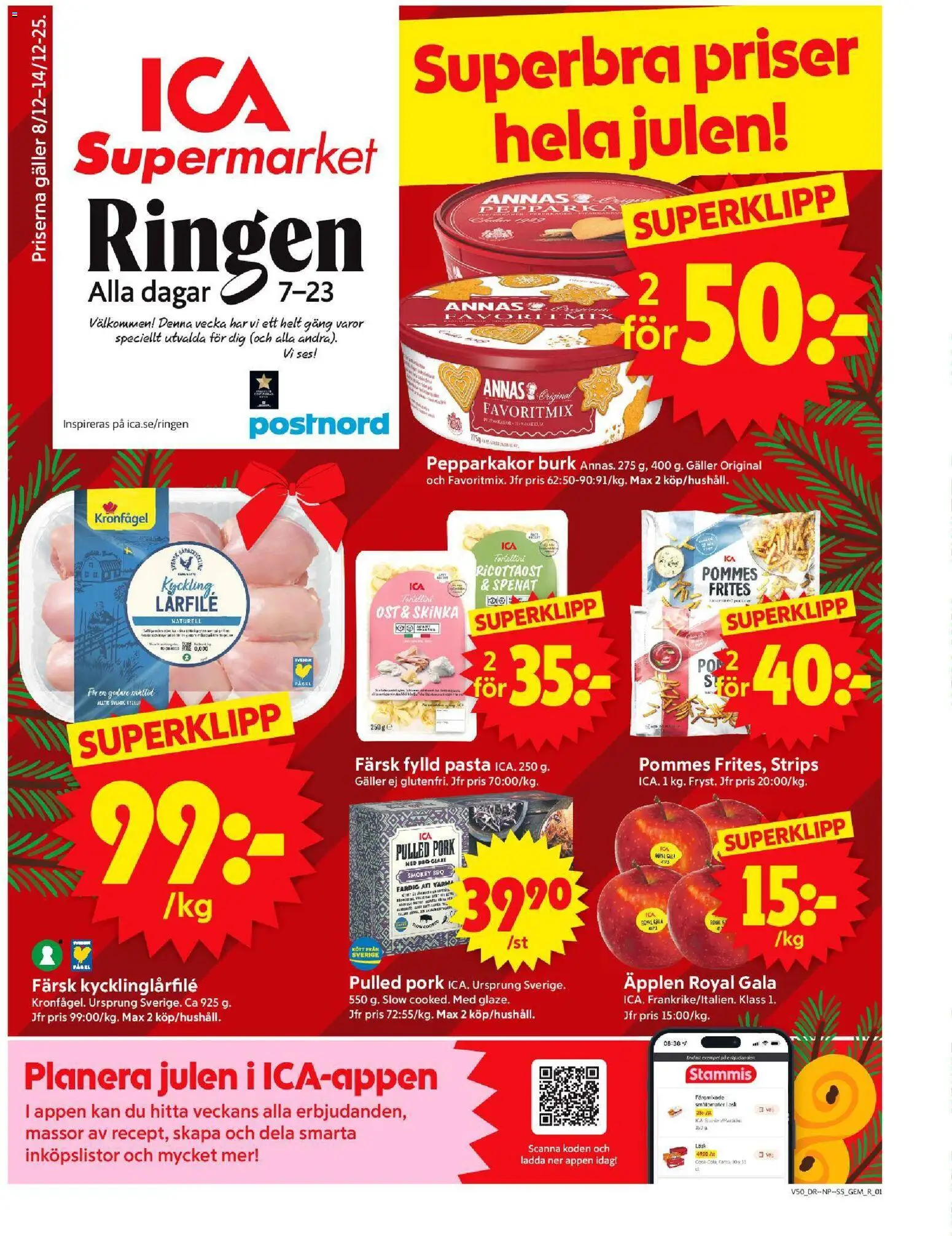 ICA Supermarket reklamblad aktuell från 08.12.2025 | Sida: 1 | Produkter: Spenat, Ost, Skinka, Äpplen