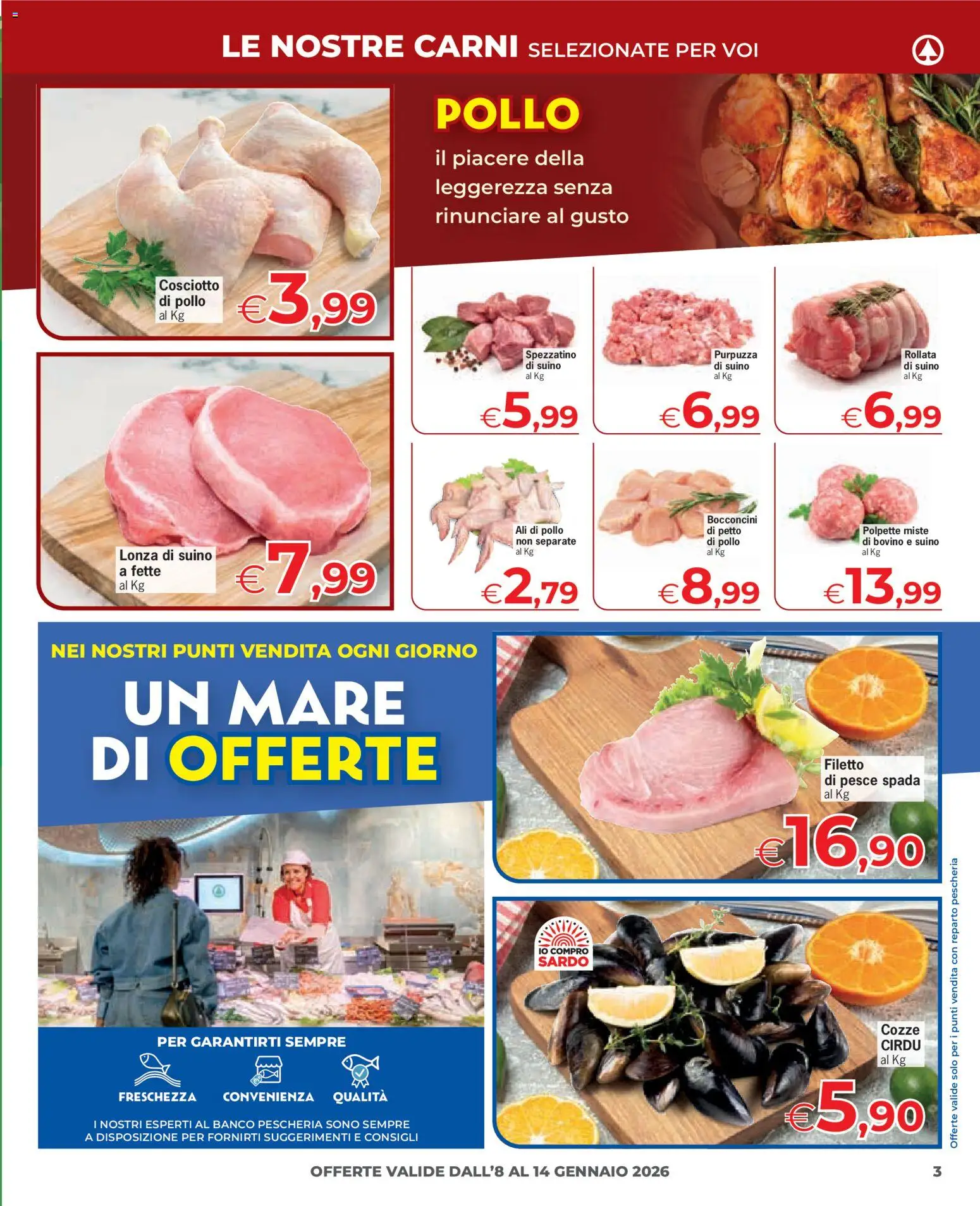 Volantino Despar del 08.01.2026 | Pagina: 3 | Prodotti: Bovino, Cozze, Suino, Pesce spada