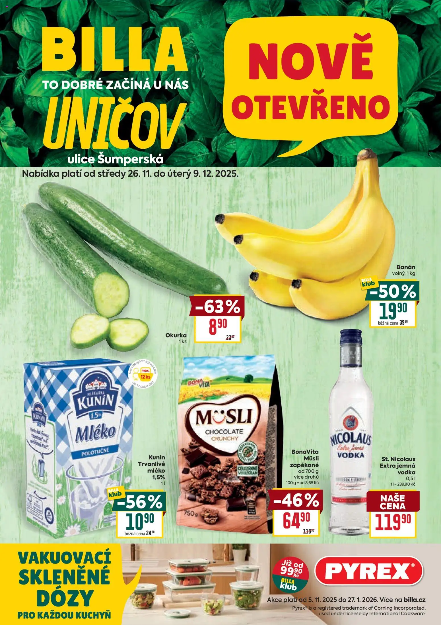 Billa leták - Speciál: Uničov od 26.11.2025 | Strana: 1 | Produkty: Mléko, Vodka, Banán, Müsli
