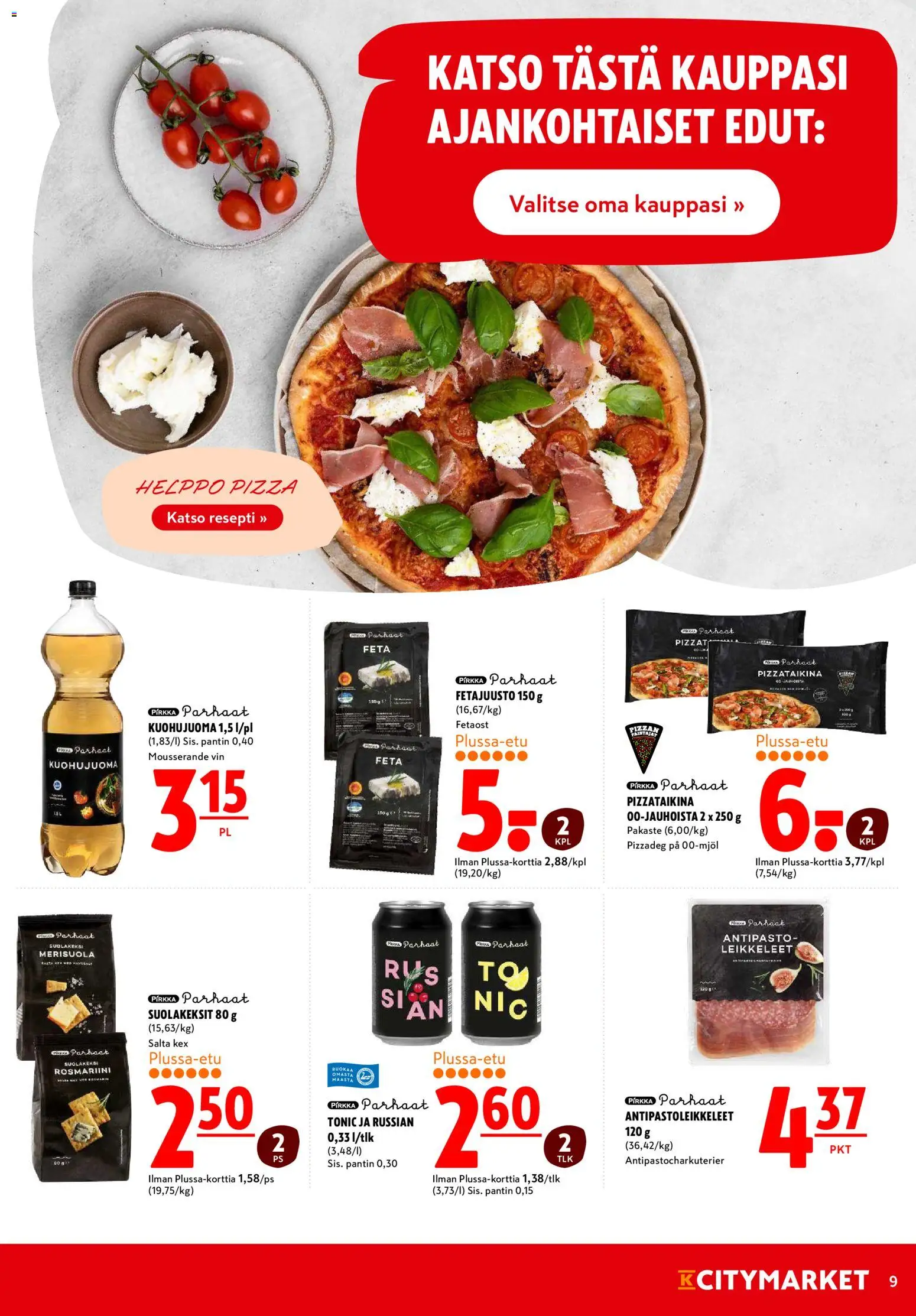 K-Citymarket tarjoukset – voimassa 29.04.2026 alkaen | Sivu: 9 | Tuotteet: Pizzataikina, Pizza, Fetajuusto