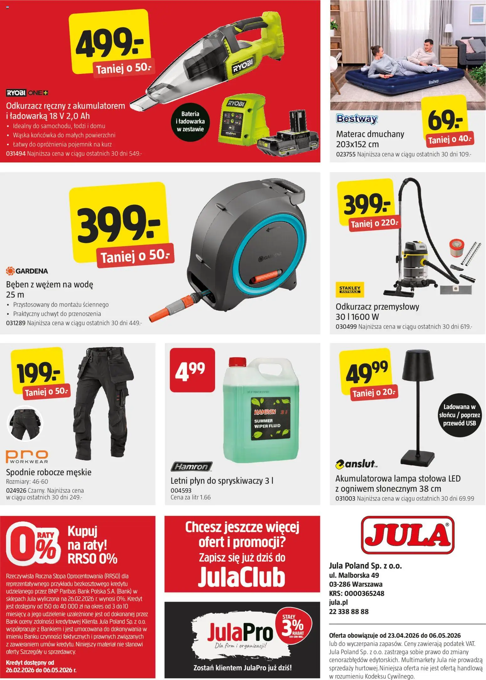 Jula gazetka od 23.04.2026 | Strona: 8 | Produkty: Spodnie, Ładowarka, Płyn do spryskiwaczy, Odkurzacz przemysłowy