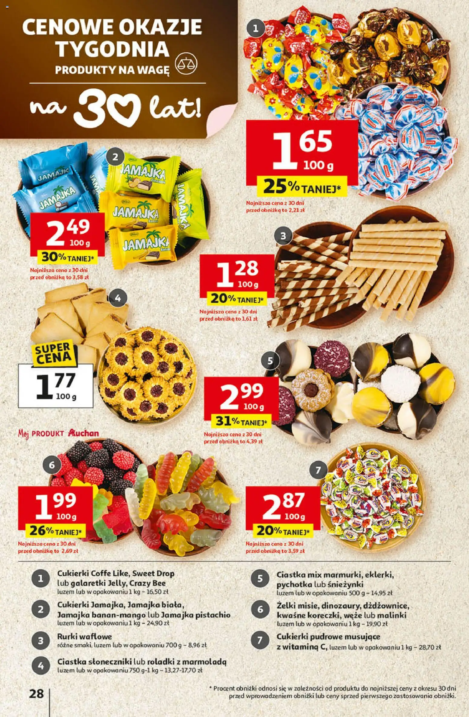 Auchan - Gazetka 30 Lat Hipermarket  od 09.04.2026 | Strona: 28 | Produkty: Galaretki, Żelki, Cukierki, Ciastka