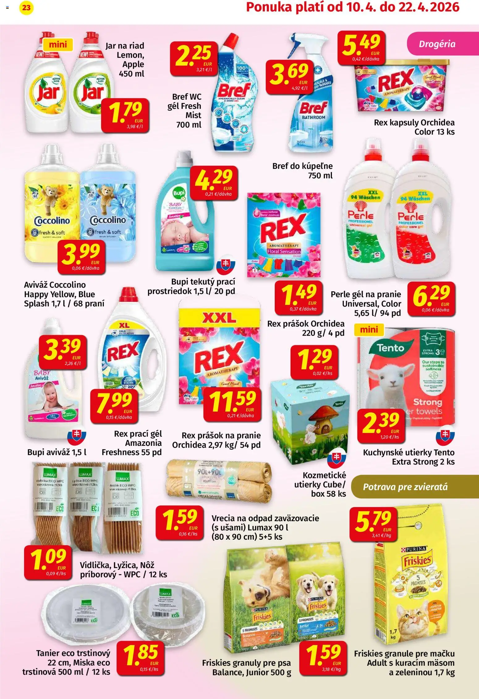 Nové Koruna akcie – leták je platný od 10.04.2026 | Strana: 23 | Produkty: Prášok na pranie, Coccolino, Orchidea, Jar