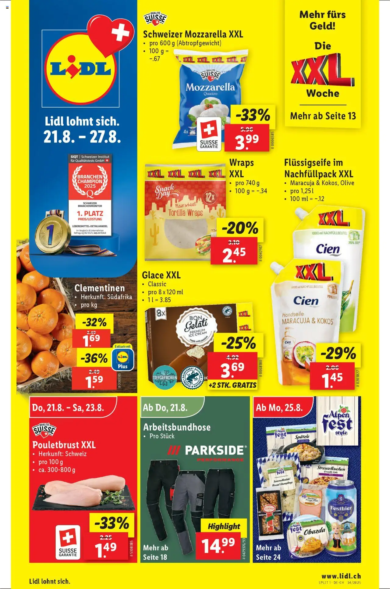 Lidl Aktionen ab 21.08.2025 | Seite: 1 | Produkte: Pouletbrust, Glace