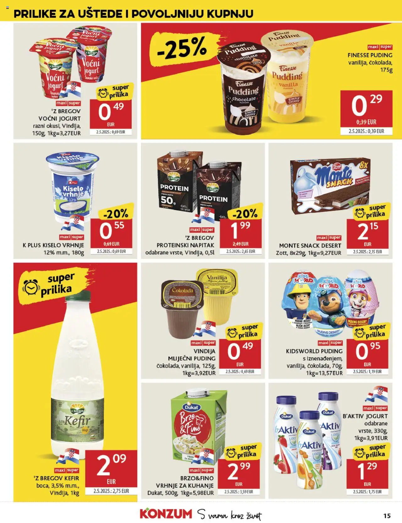 Konzum katalog | vrijedi od 20.08.2025 | Stranica: 15 | Proizvodi: Vindija, Jogurt, Čokolada, Puding