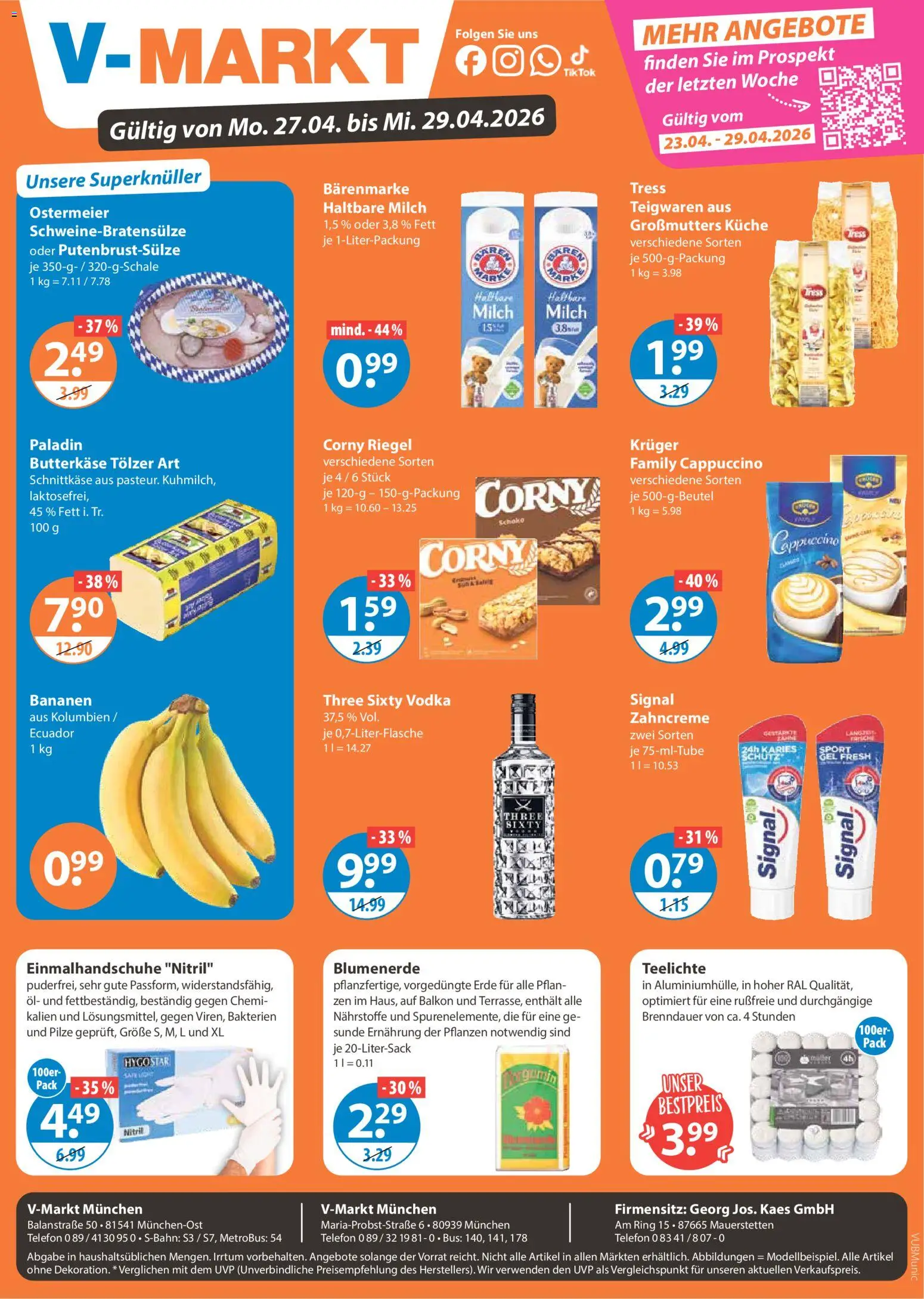 V-Markt München – gültig ab 27.04.2026 | Seite: 1 | Produkte: Corny riegel, Milch, Öl, Küche