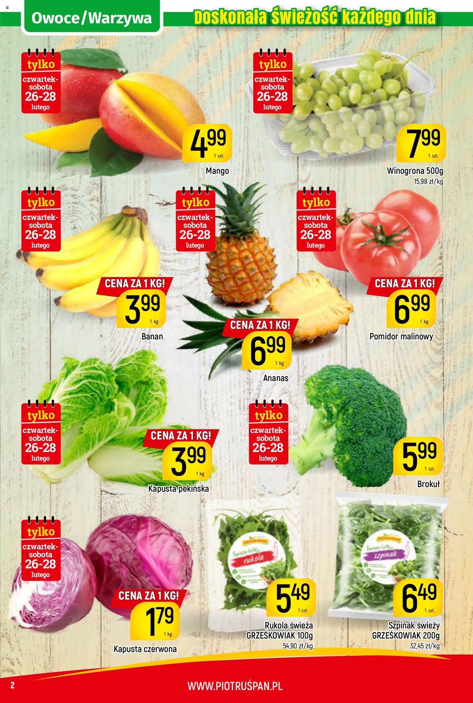 Piotruś Pan Gazetka od 26.02.2026 | Strona: 2 | Produkty: Pomidor malinowy, Brokuł, Szpinak, Banan