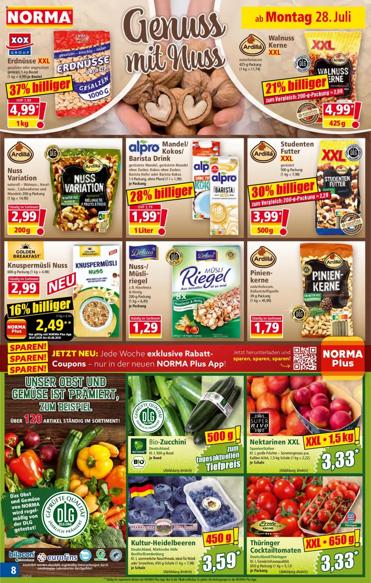 Norma Prospekt 	 - gültig ab dem 28.07.2025 | Seite: 8 | Produkte: Musli, Erdnüsse, Gemüse, Obst