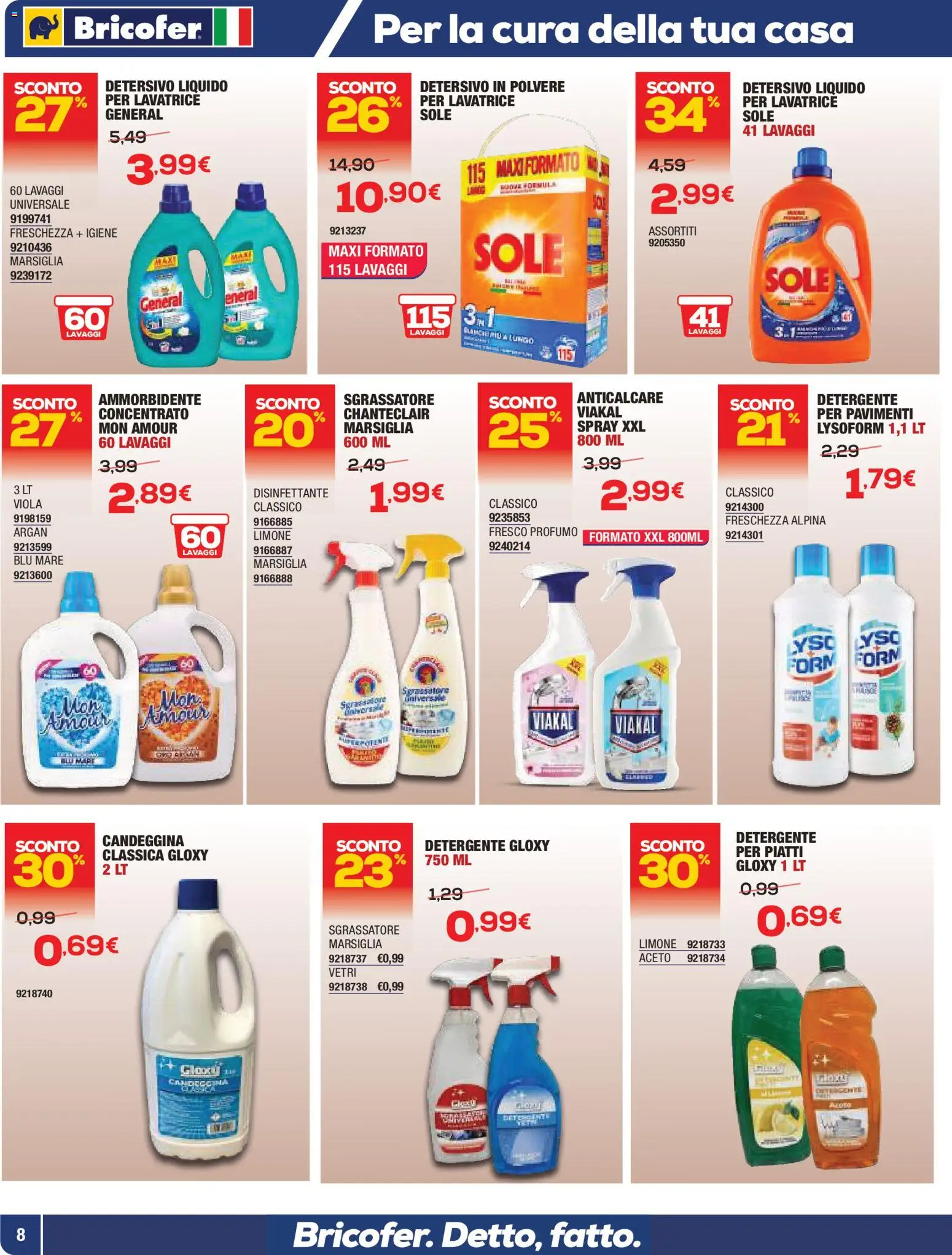 Volantino Bricofer del 09.04.2026 | Pagina: 8 | Prodotti: Detersivo in polvere, Detergente, Anticalcare, Lavatrice