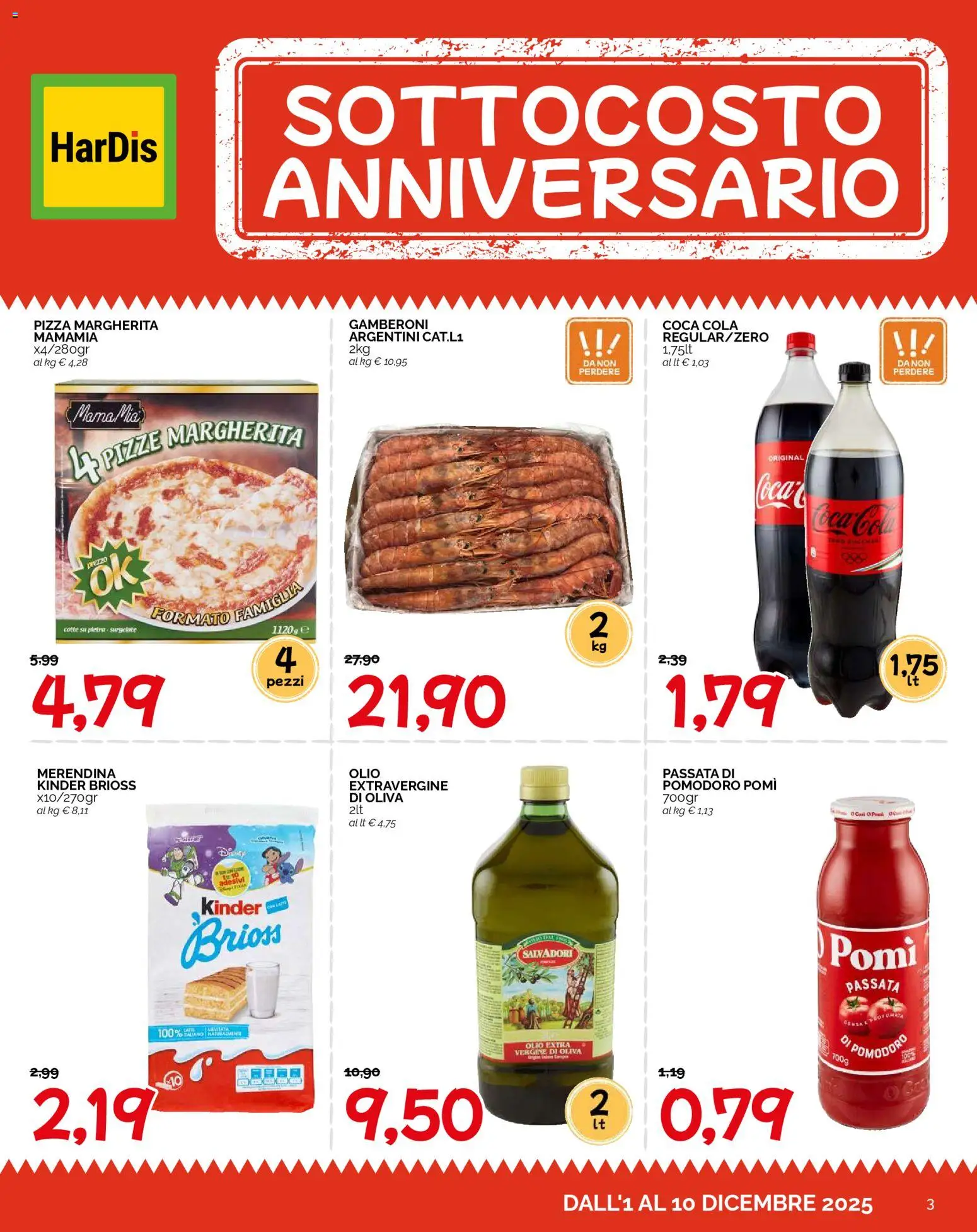 Volantino HarDis del 01.12.2025 | Pagina: 3 | Prodotti: Pizza, Pomodoro, Gamberoni, Olio extra vergine