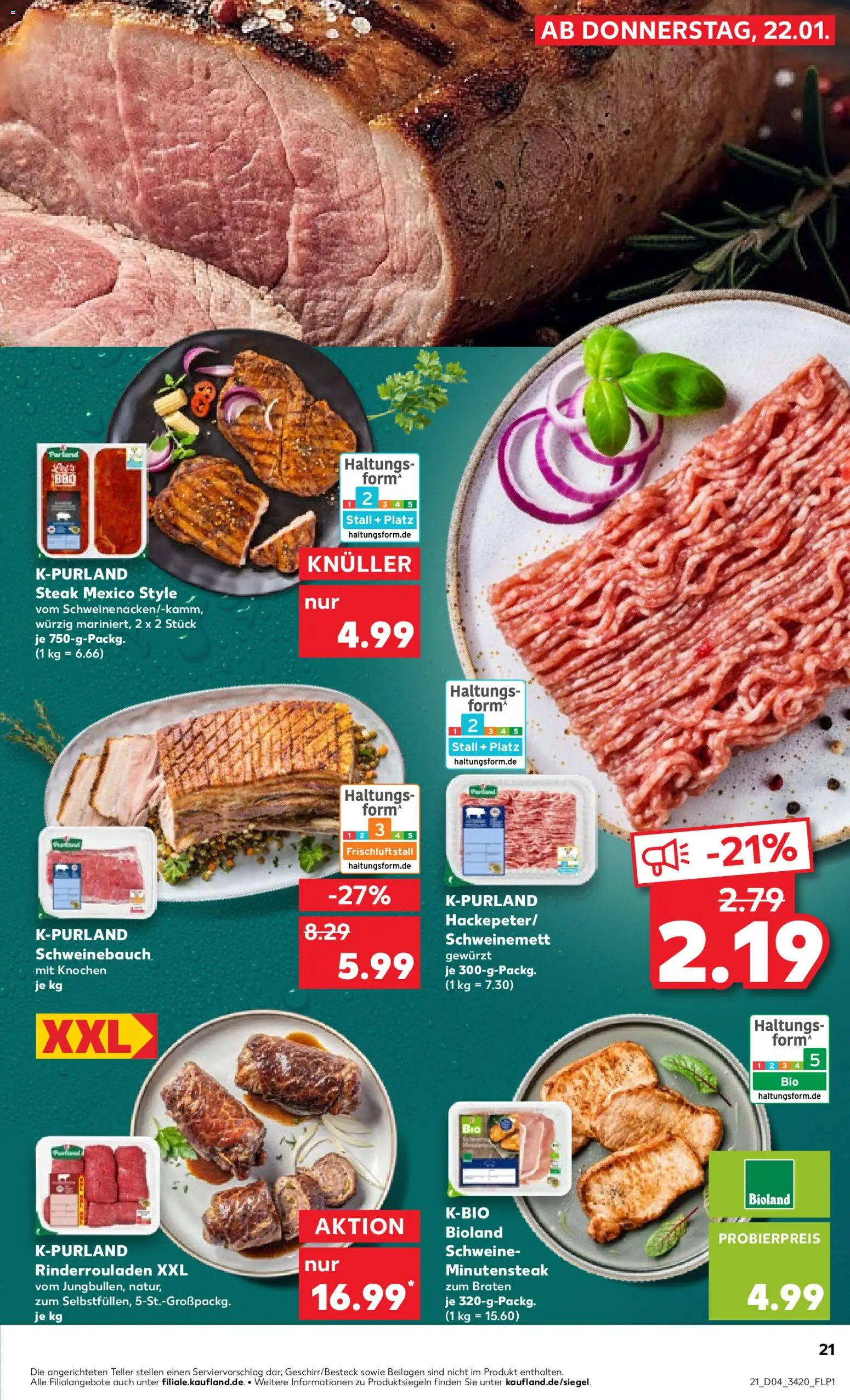 Kaufland prospekt Berlin	 – gültig ab 22.01.2026 | Seite: 21 | Produkte: Rinderrouladen, Schweinebauch, Steak