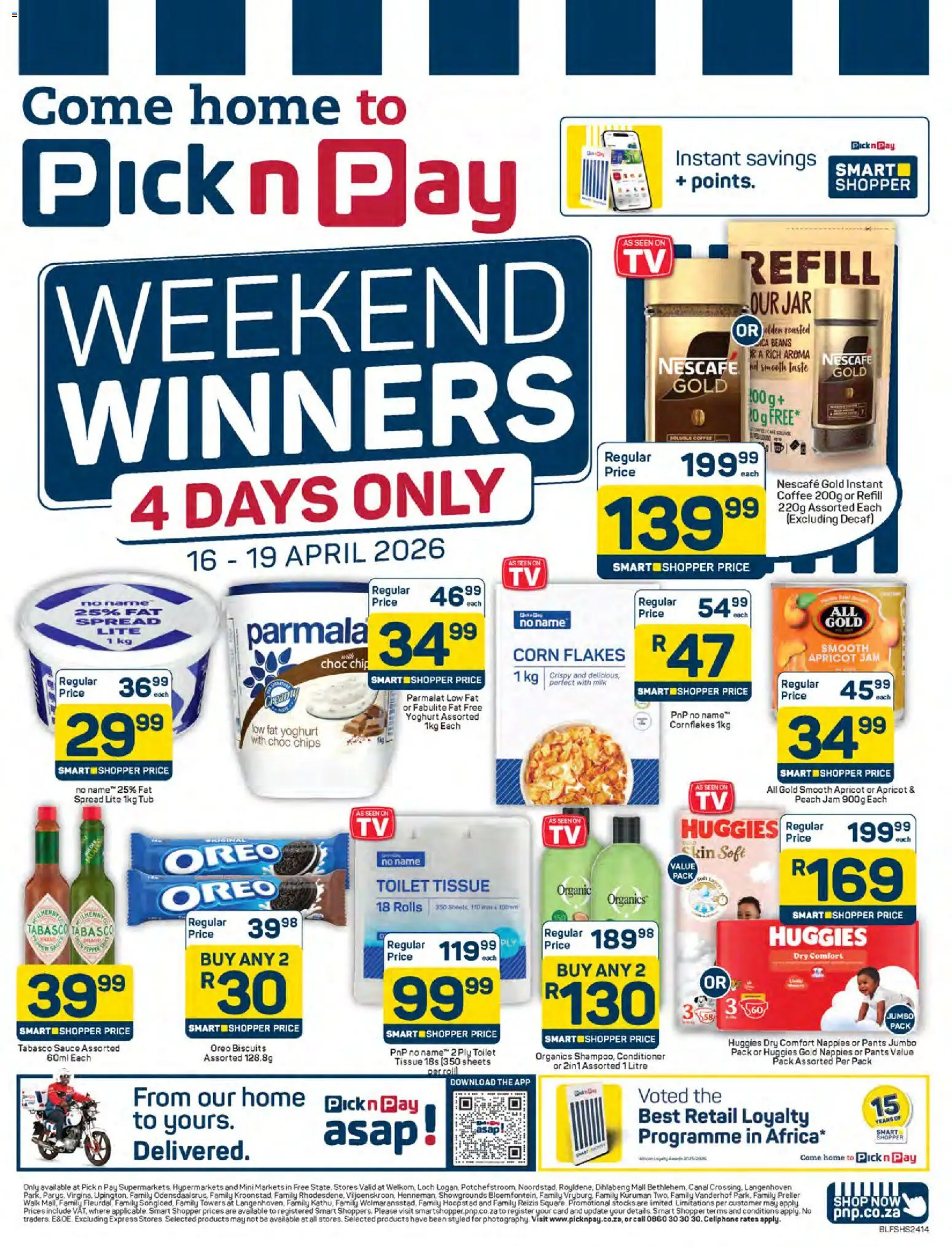 New Pick n Pay catalogue – valid from 16.04.2026 | Page: 1 | Products: Corn, Beans, Peach, Estuche organizador de viaje