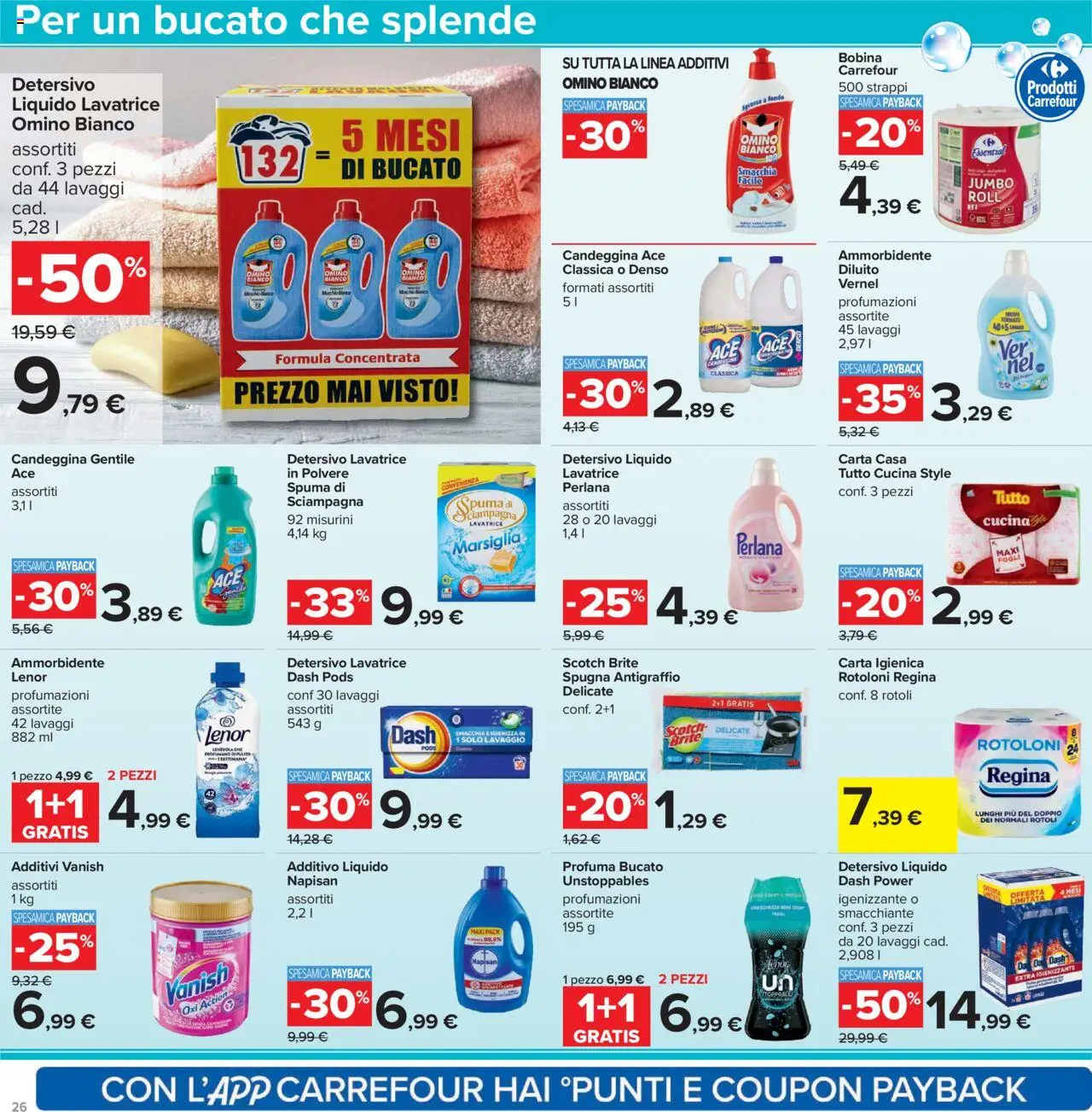 Volantino Carrefour del 23.10.2025 | Pagina: 26 | Prodotti: Spugna, Carta igienica, Candeggina, Lavatrice
