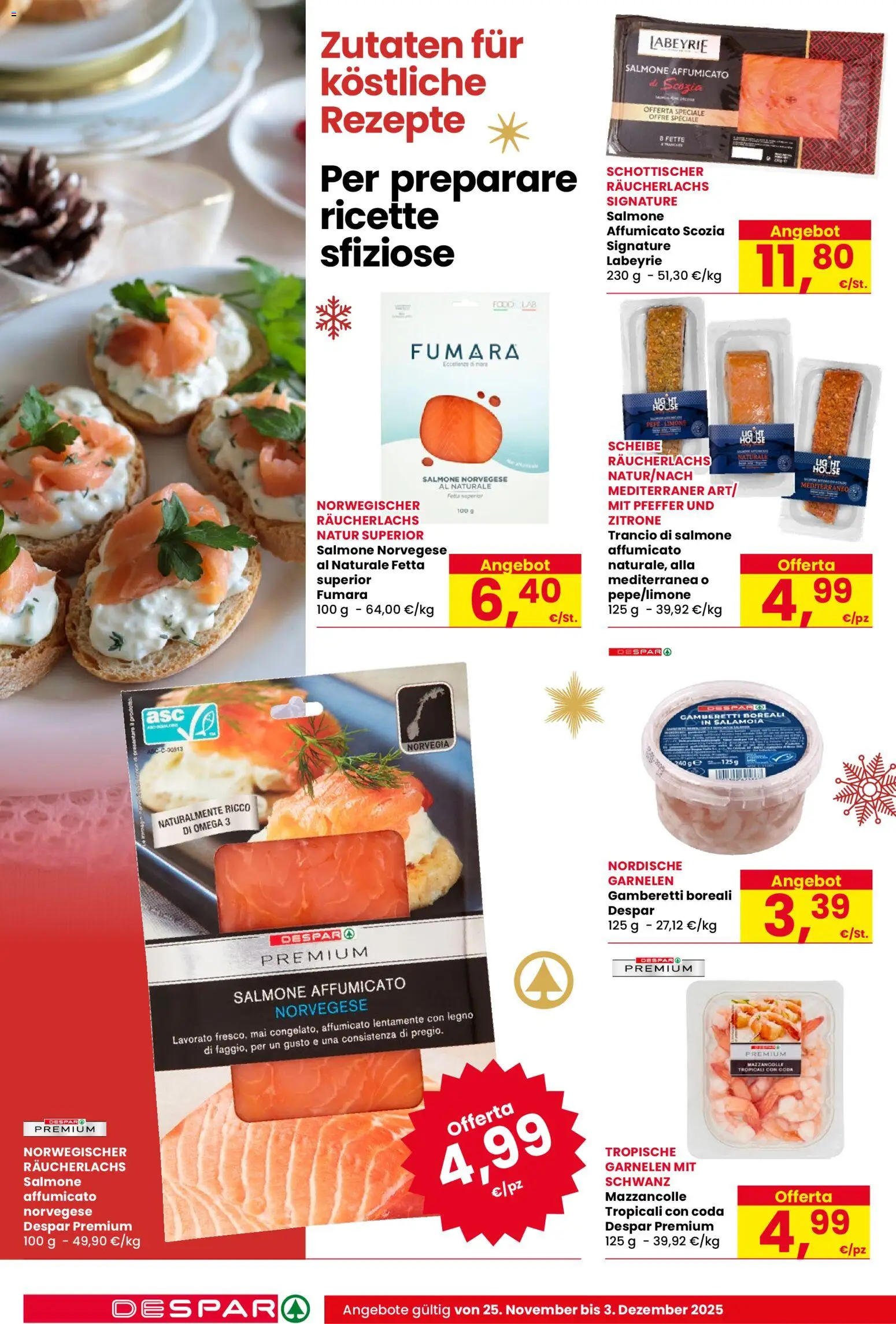 Volantino Despar del 25.11.2025 | Pagina: 14 | Prodotti: Salmone affumicato, Salmone, Mazzancolle, Gamberetti