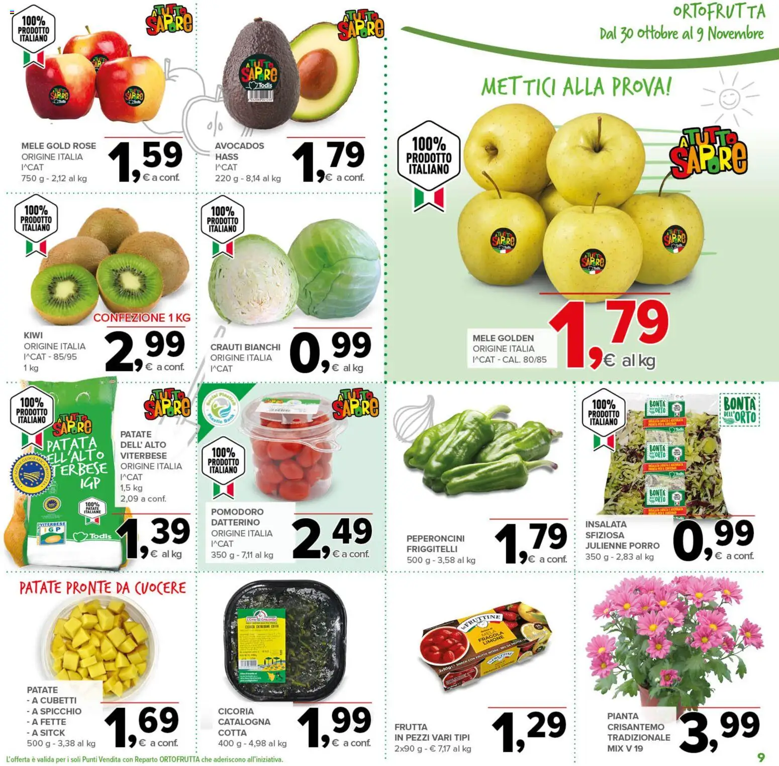Volantino Todis del 30.10.2025 | Pagina: 9 | Prodotti: Mele, Frutta, Limone, Porro