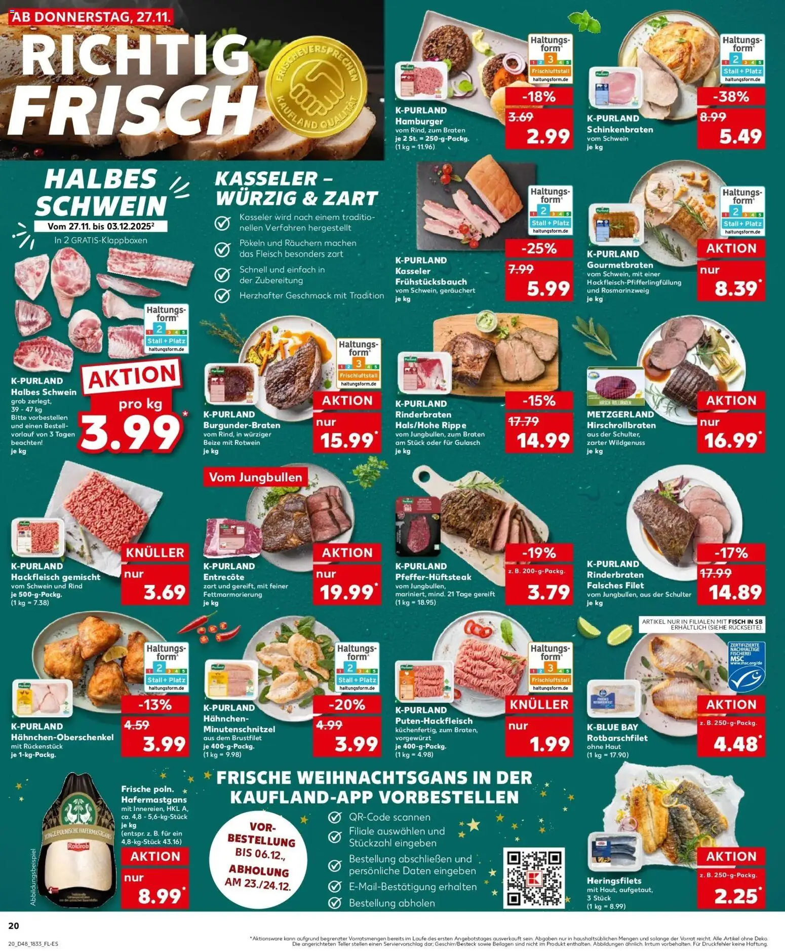 Kaufland prospekt Wuppertal	 – gültig ab 30.11.2025 | Seite: 20 | Produkte: Rinderbraten, Entrecote, Fisch, Hackfleisch