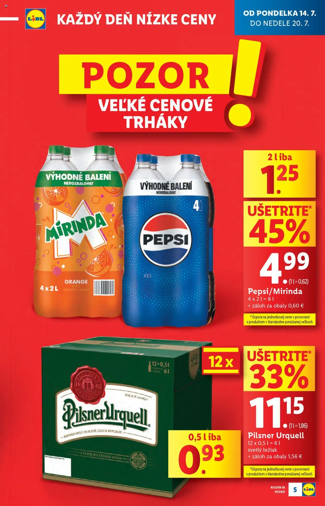 Lidl leták │ platný od 14.07.2025 | Strana: 5 | Produkty: Pilsner Urquell, Pepsi, Mirinda