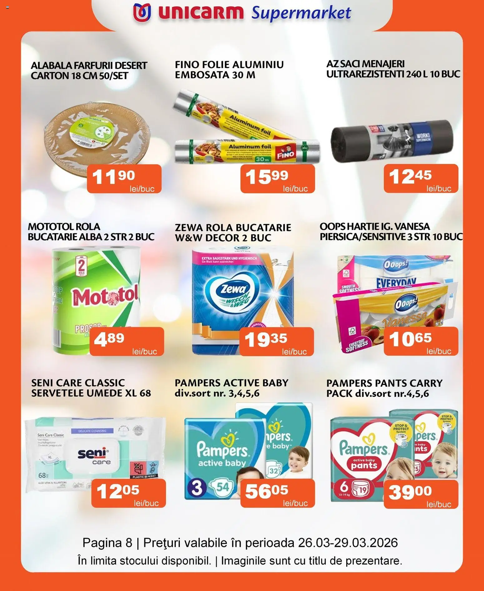 Noul catalog Unicarm – valabil de la 26.03.2026 | Pagină: 8 | Produse: Saci menajeri, Bucătărie, Șervețele umede
