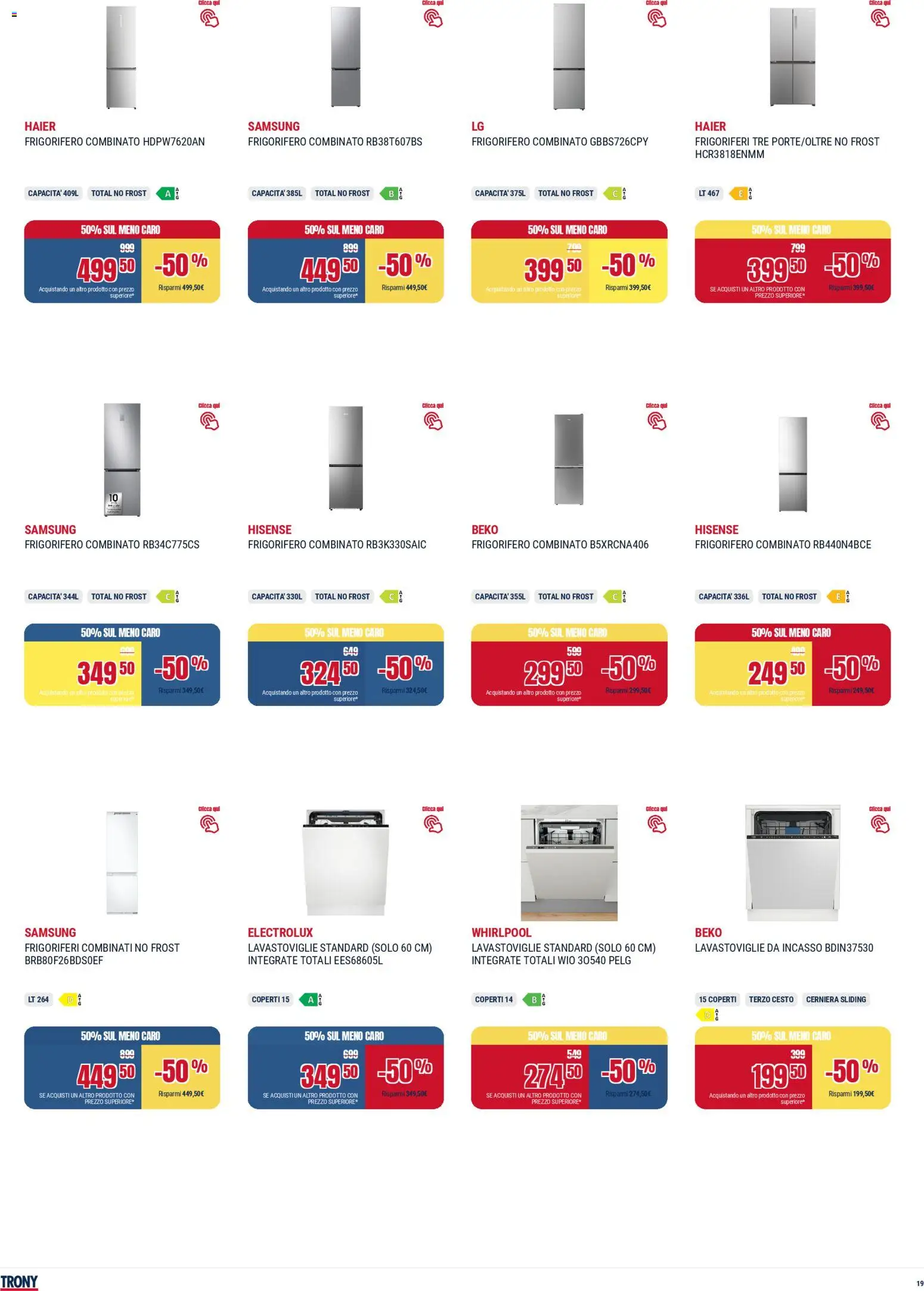 Volantino Trony del 28.04.2026 | Pagina: 19 | Prodotti: Lavastoviglie da incasso, Lavastoviglie, Frigorifero, Samsung