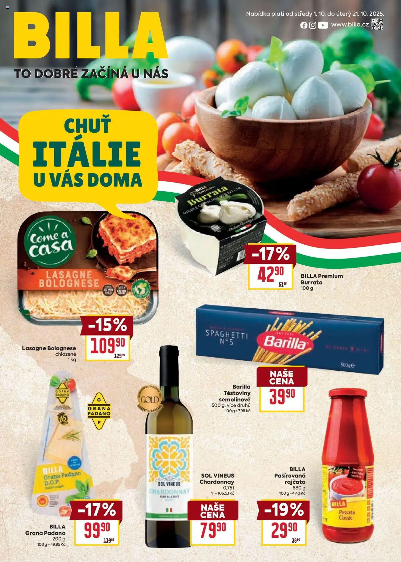 Billa katalog - Itálie od 01.10.2025 | Strana: 1 | Produkty: Rajčata, Burrata, Passata, Grana Padano