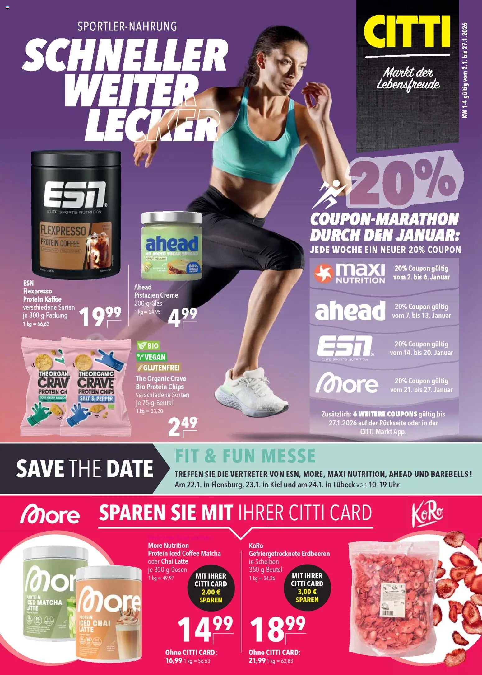 CITTI Markt Sportlernahrung – gültig ab 02.01.2026 | Seite: 1 | Produkte: Pistazien, Creme, Erdbeeren, Uhr