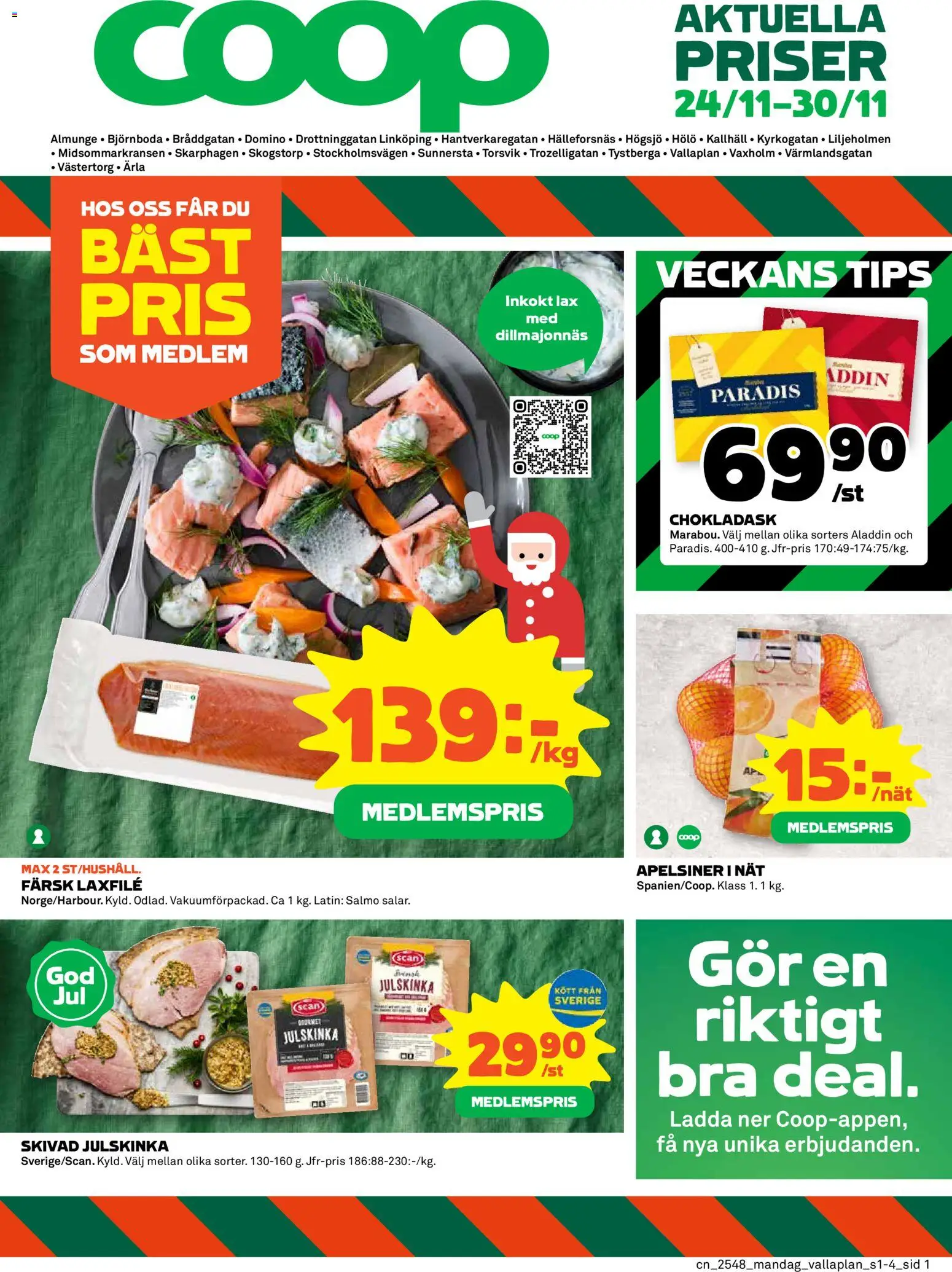 Coop reklamblad aktuell från 24.11.2025 | Sida: 1 | Produkter: Lax, Apelsiner