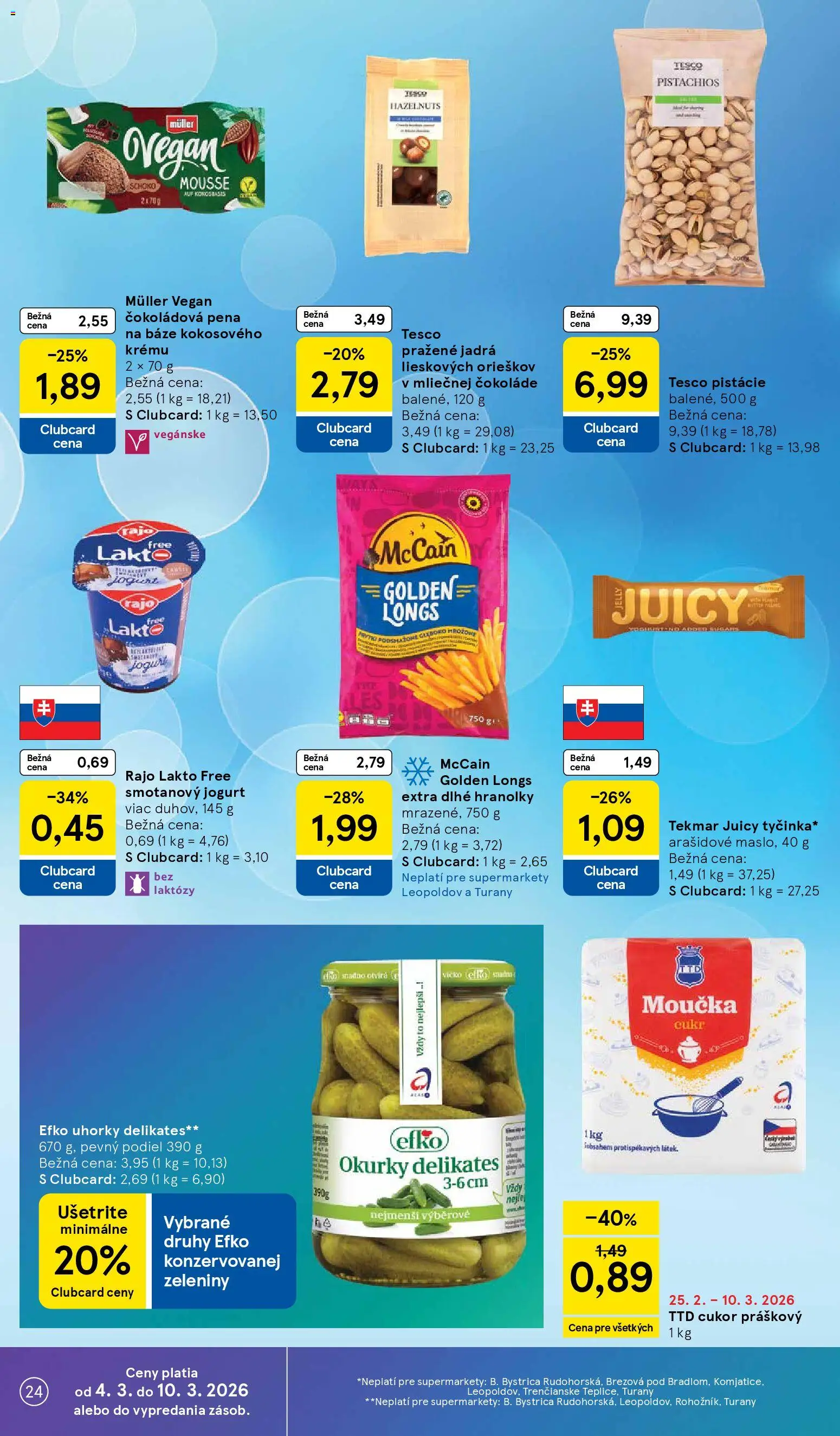 Nové Tesco akcie – leták je platný od 04.03.2026 | Strana: 24 | Produkty: Jogurt, Cukor, Pistácie, Uhorky